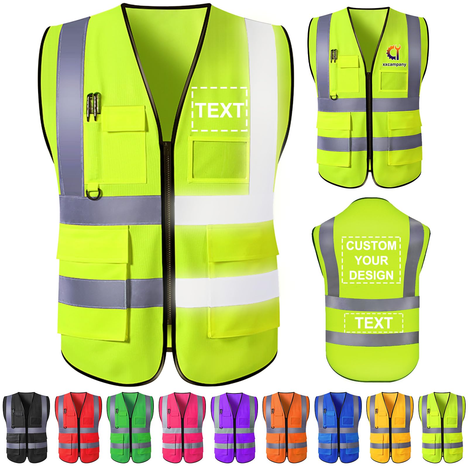 Gilet di sicurezza personalizzato per uomo Gilet riflettenti ad alta visibilità, tasche con cerniera, abbigliamento da lavoro da costruzione personalizzato di classe 2 per uomo e donna.