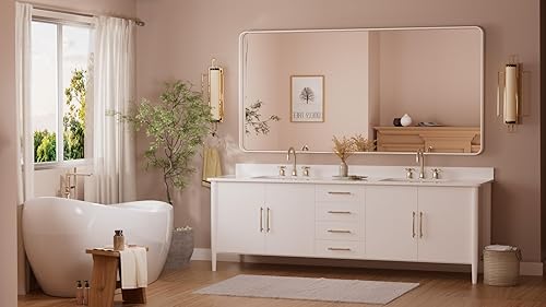 Miniatura 179 de TETOTE Espejo de 60 x 36 pulgadas para baño, espejo de tocador dorado de latón cepillado, espejo de pared grande rectangular con marco de metal Oro