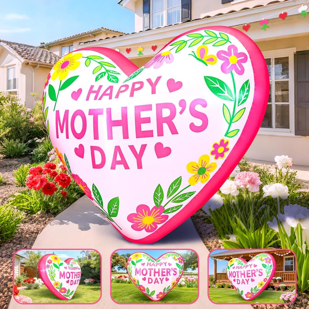 KOOY 4.6FT Mothers Day Inflatables Heart Outdoor Decorations, Built in LED Lights Mothers Day Outdoor Decorations, Blow Up Yard Decoration for Mother's Day Party, Outdoor, Garden, Yard Lawn Decor