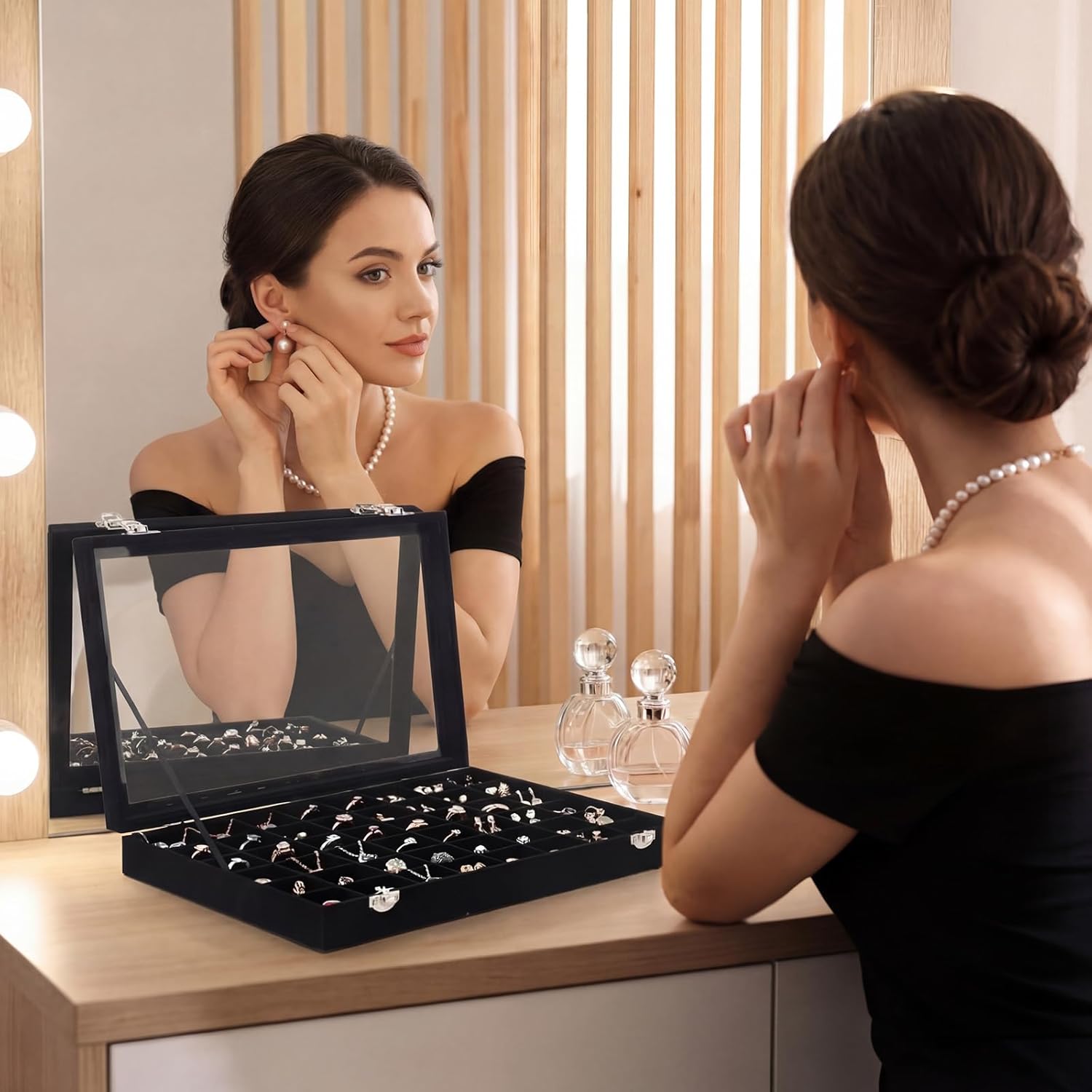 Nosiny 2 Pcs Velvet Jewelry Tray 48 Grid Jewelry Display Tray Organizer Box with Transparent Lid Rings Earrings Necklaces Pendants Display Box for Women Cases Dressing Tables Drawers