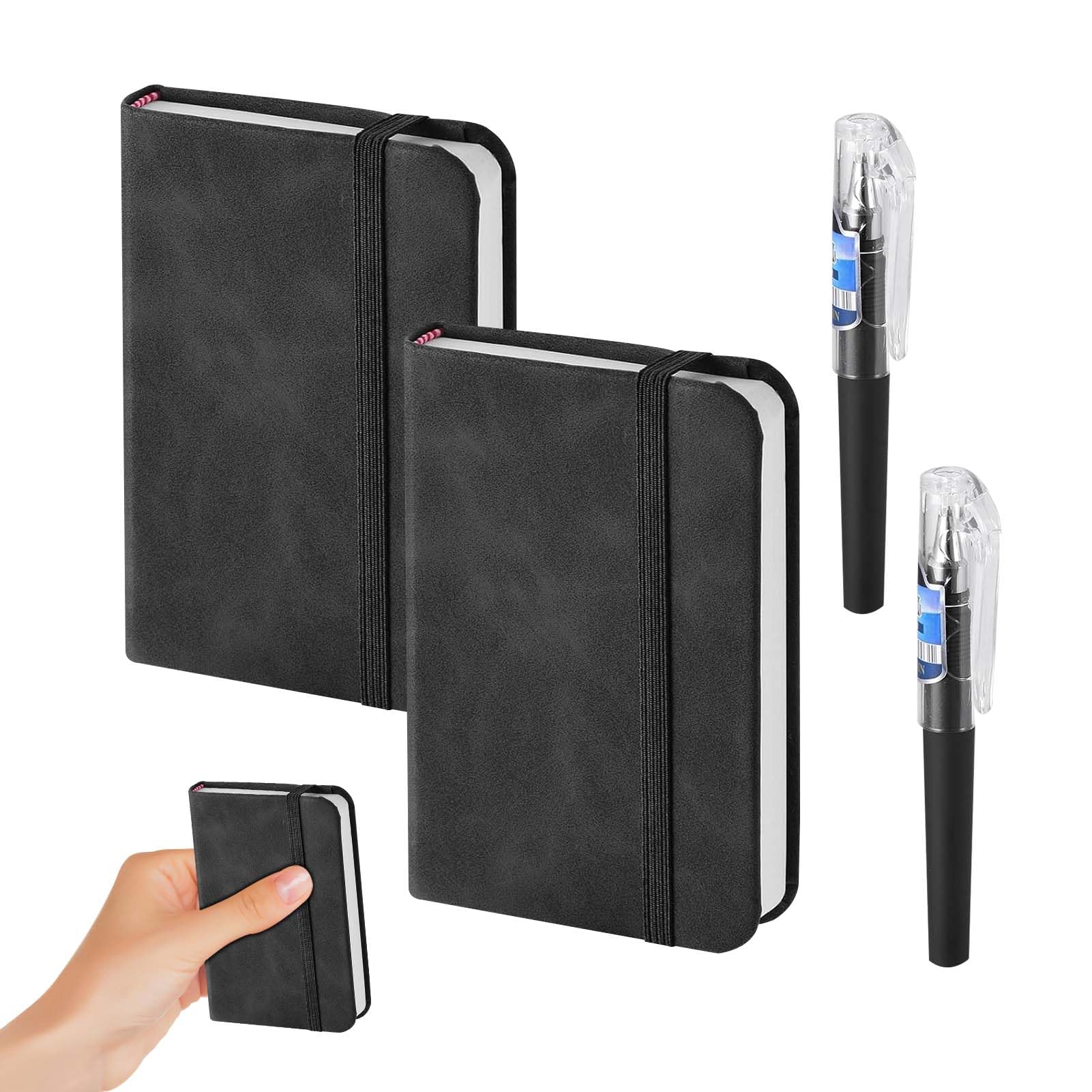 Gurfzcyuoo A7 Notebook, 2 PCS Basics Classic Black Casebound Notebook Pocket Small Notebooks with Elastic Closure, Travel Notebooks Hardback Notepad for Writing and Note-Taking (Black notebook+pens)