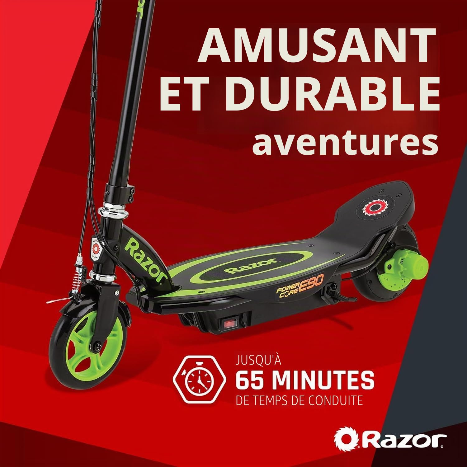 Scooter électrique Razor PowerCore E90 pour les enfants de 8 ans et plus avec une vitesse maximale de 10 mph et une autonomie de 60 minutes, jusqu'à 10 miles d'autonomie, batterie 12V