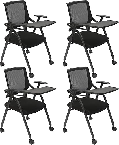 Miniatura 3 de Set of 4 Office Guest Chair,Mesh Back Stacking Arm Chairs with Upholstered Fabric, Metal Frame,330Lbs Capacity, Conference Room Chair, Reception