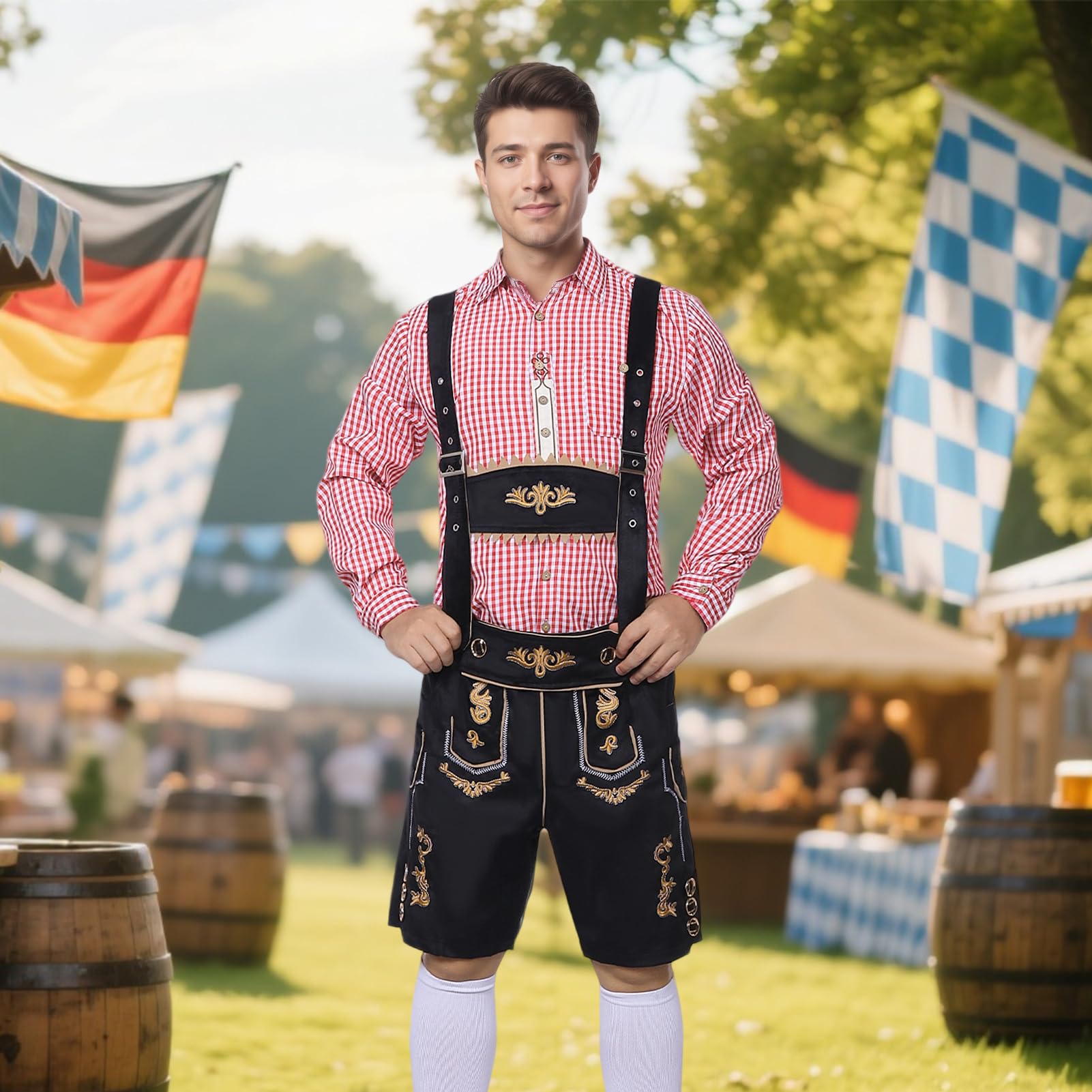 Strój męski na Oktoberfest, bawarski tradycyjny strój męski na Oktoberfest z tradycyjnymi skórzanymi spodniami, kapeluszem i skarpetkami na karnawałową imprezę cosplay (Czarny, L)