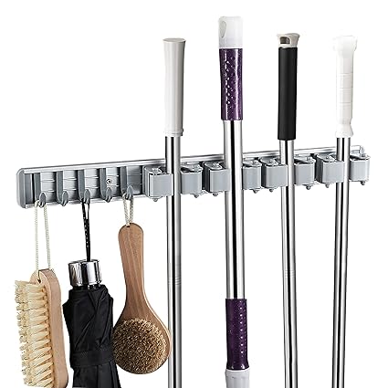 Kedoo for Broom Holder Mop Hanger Wall Mount Garage Storage Garden Kitchen Tool Organizer (4 Racks with 5 Hooks)