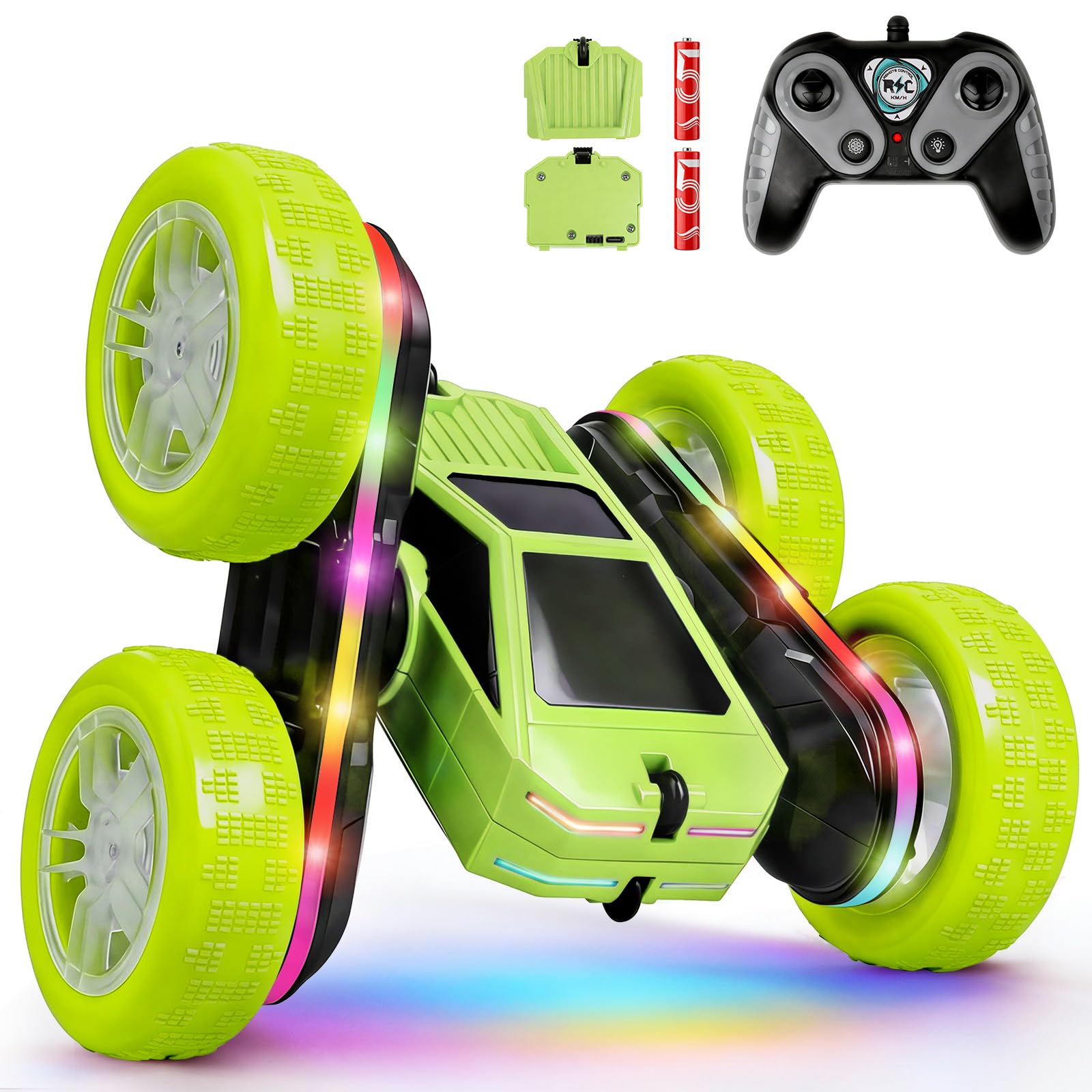 Remote Control Car, Rc Cars Stunt, RC Crawler Toys 4WD 360° Rotating with LED Light-Up Wheels &amp; Remote Control for 6-12 for Boys Birthday Gift (Green)