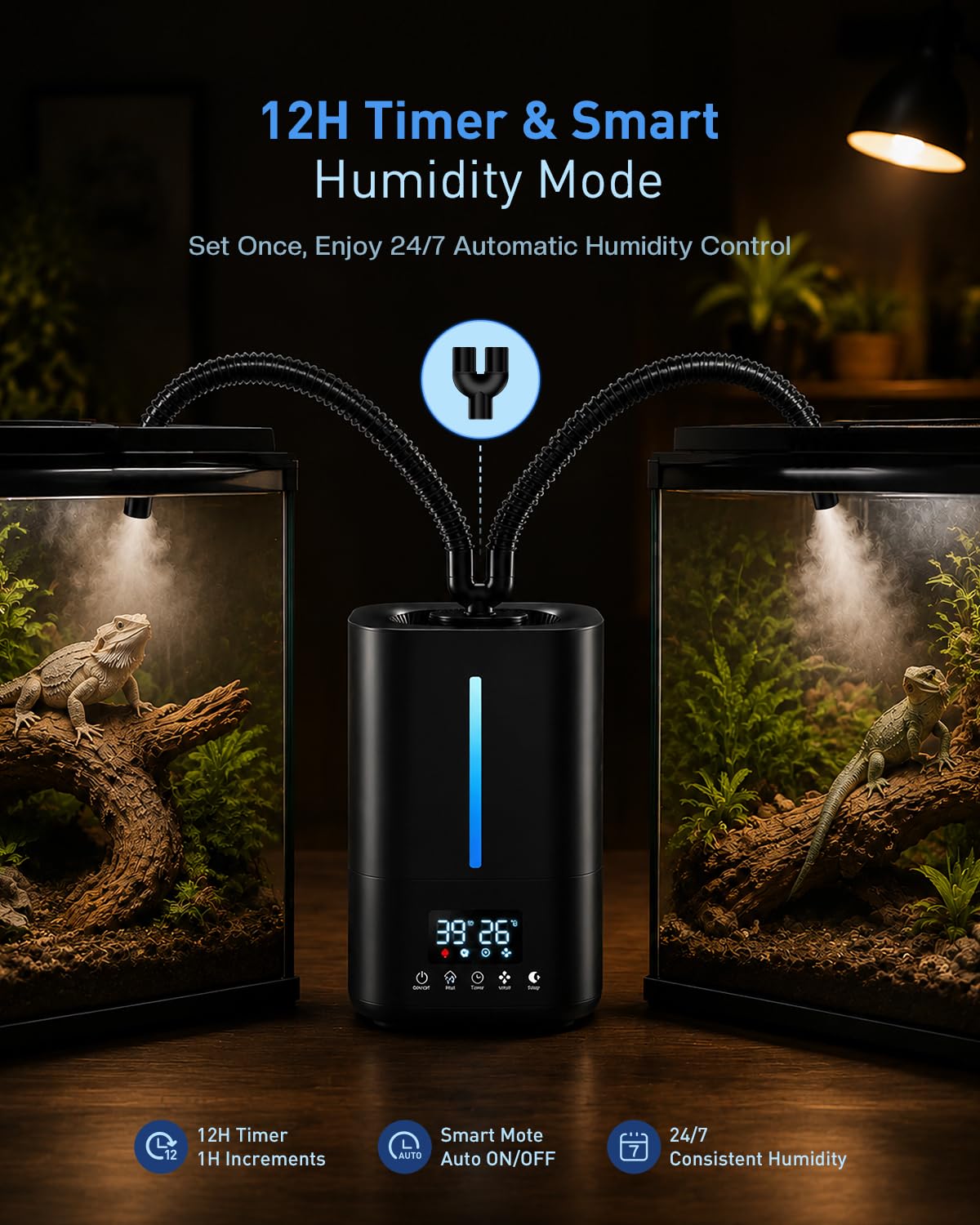 Nebulizador para reptiles de 1.32 galones, humidificador para plantas con sonda precisa de temperatura y humedad/manguera expandible, humidificador inteligente remoto para anfibios para tienda de