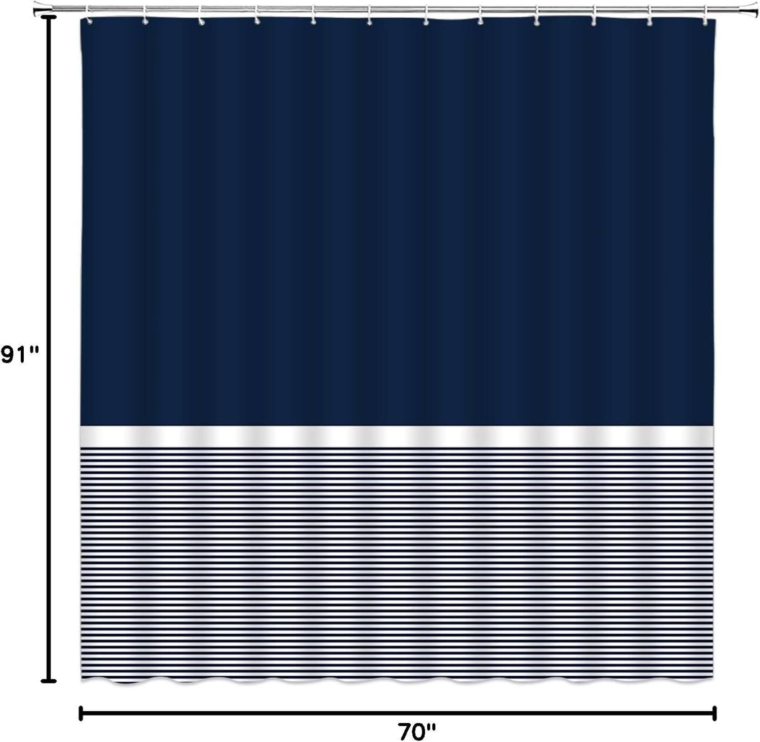 Navy Blue and White Striped Shower Curtain Modern Fashion Design Minimalist Geometric Boho Farmhouse Fabric Bathroom Decor Set with Hooks,(70" Wx74.8 H)