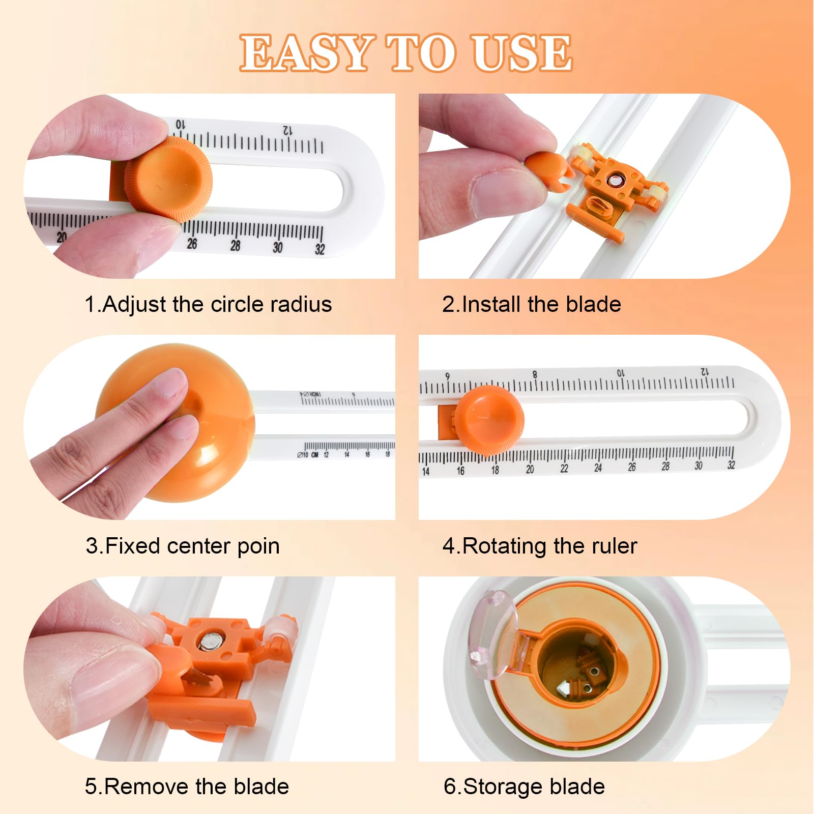 Coupe Papier Circulaire Réglable, Coupe-Cercle Rotatif Anti-dérapant, Rotary Circle Cutter avec Lames de Rechange, Coupeur De Papier Circulaire Coupez des Cercles de 4 à 12 Pouces (Couleur Orange)