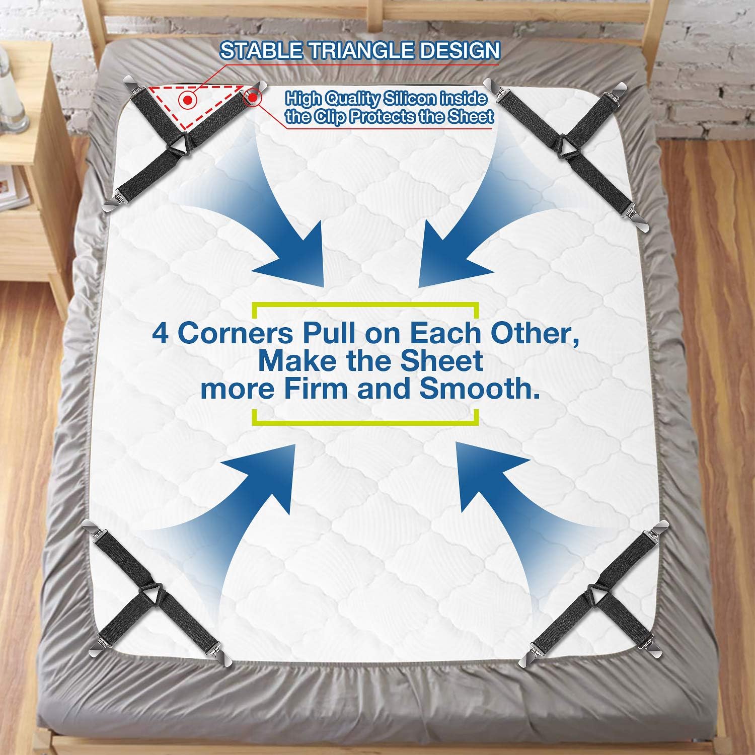 Almost Done Bed Sheet Straps Fasteners, 4 PCS Adjustable Bed Sheet Holder Straps Triangle Elastic Suspenders Gripper Holder Straps Clip for Bed Sheets, Mattress Covers, Sofa Cushion (Black)