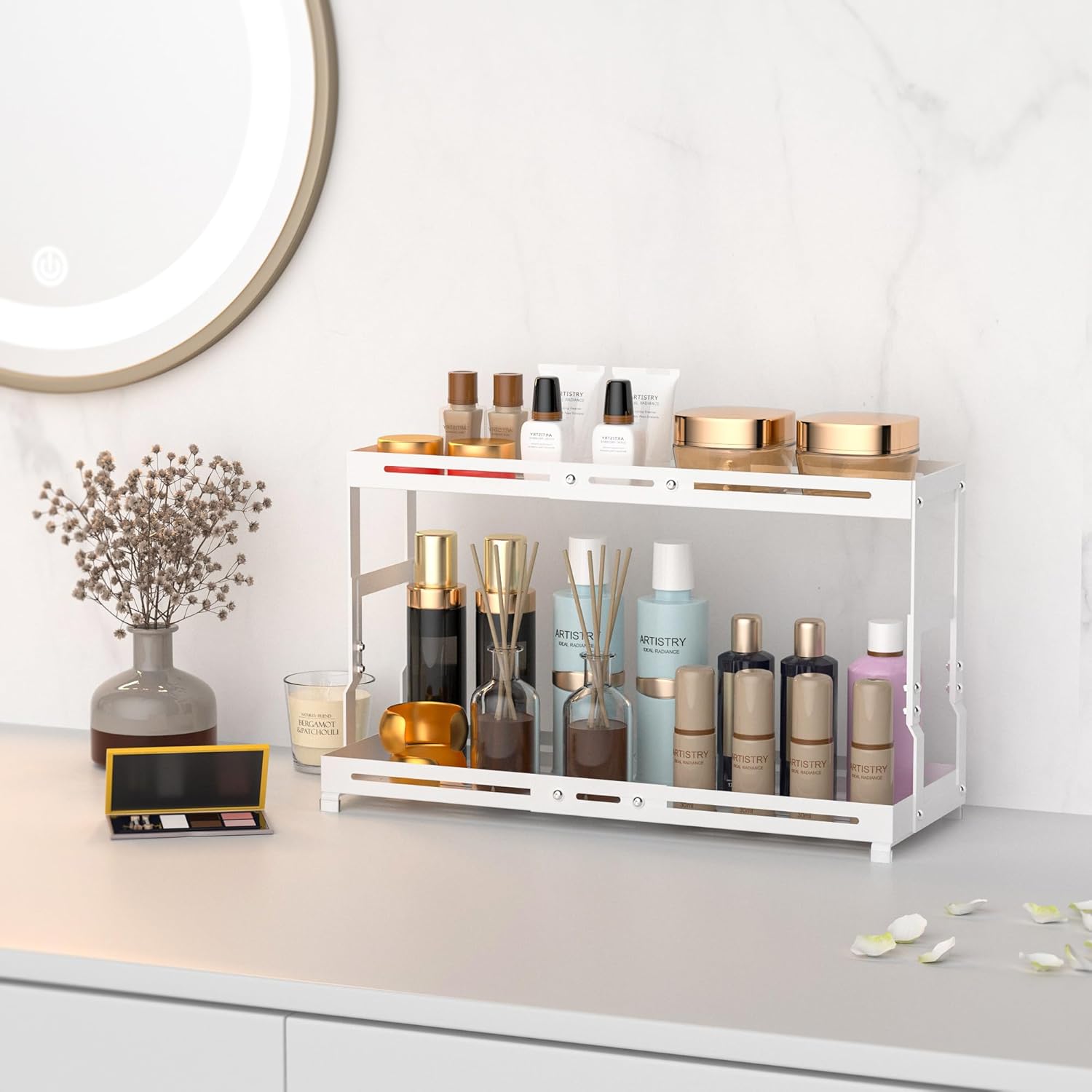 Adjustable Sturdy Metal Shelving Unit，2-Tier Organizer Countertop,Suitable for Kitchen Countertop, Bathroom, Makeup Table, Store Large Skincare etc