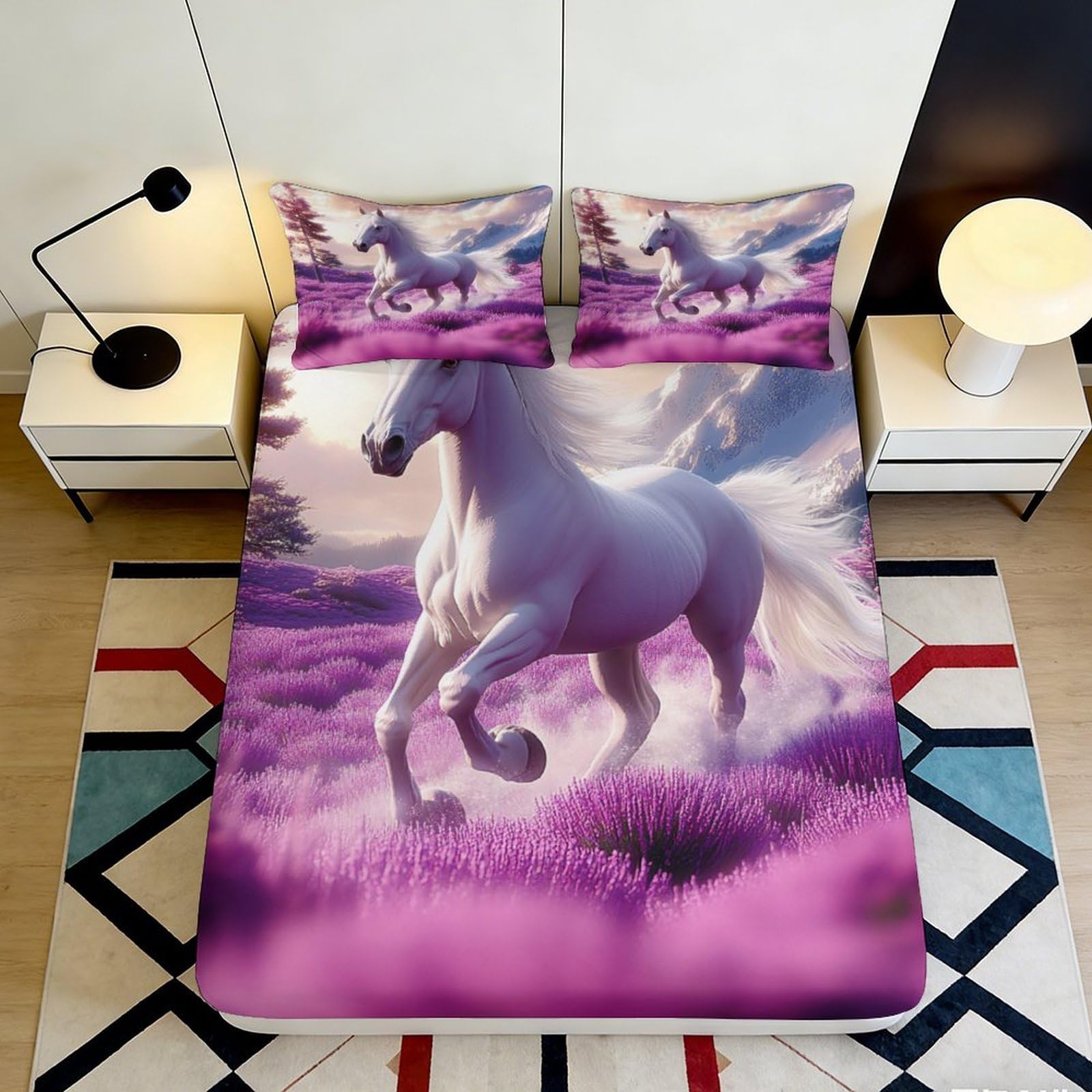 Dhbaneiok Style-6 3D Printed White Horse Meadow Fitted Sheet Microfiber Purple Landscape Bed Cover For Bedroom Guest Room Decor 90X200x25cm