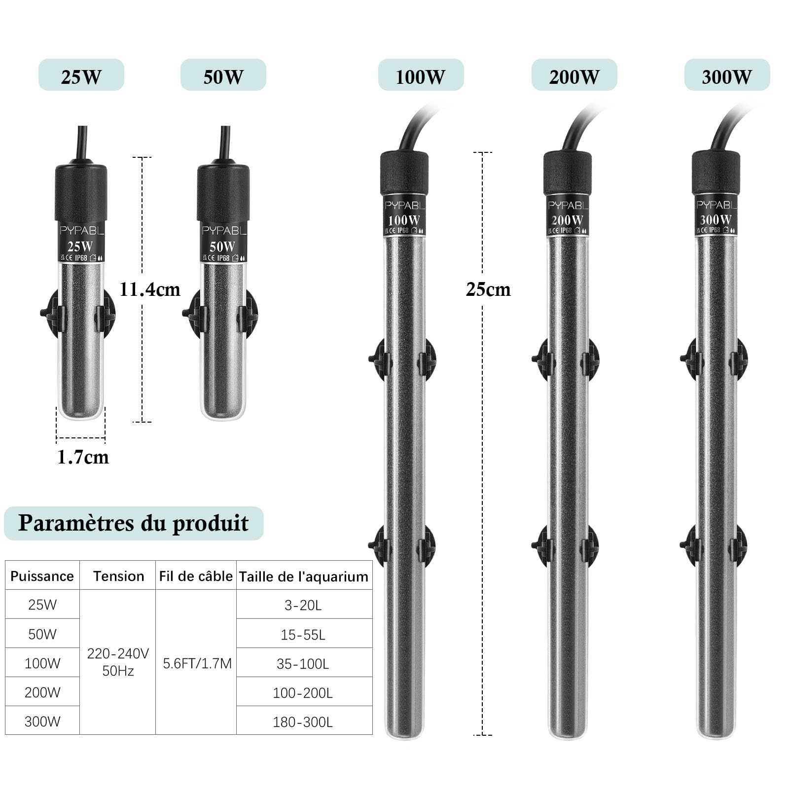 Chauffage Submersible pour Aquarium, 25W 50W 100W 300W Mini Chauffage d'Aquarium avec Régulateur de Température Externe, pour Chauffage d'Aquarium de Poissons et de Tortues 3-300L