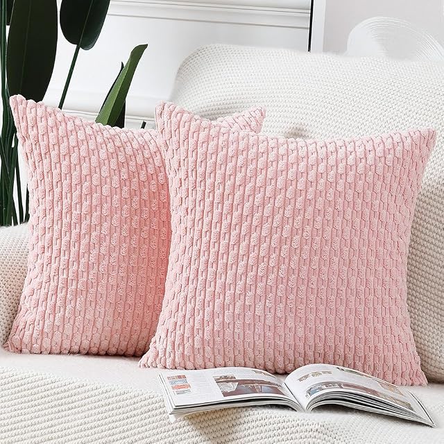 Madizz Pack of 2 Boho Corduroy Cushion Covers 18x18 Inch Light Pink Soft Decorative Throw Pillow Covers for Bedroom Sofa Pillow Shell
