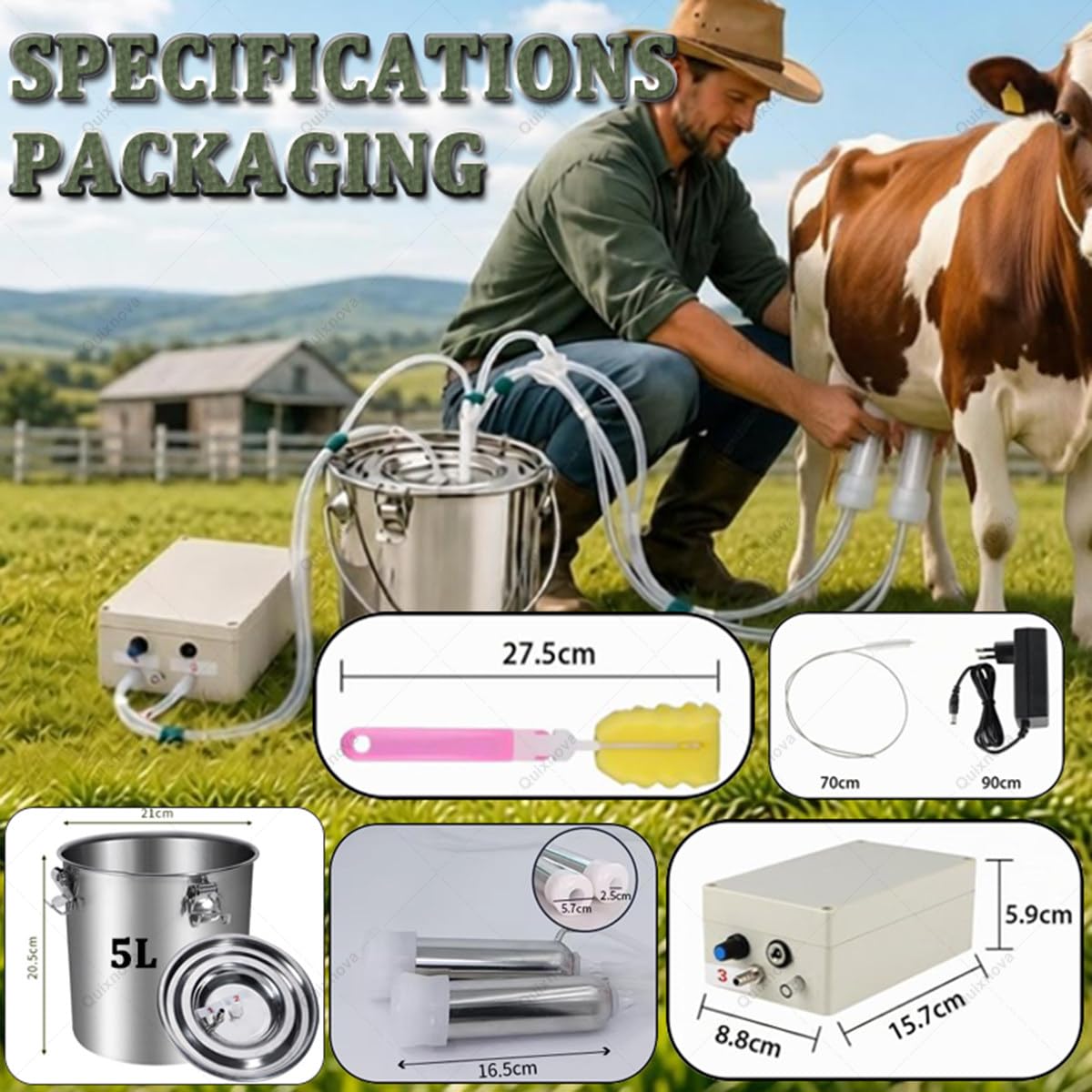 Mungitrice Portatile Ricaricabile per capre/Mucche (capacità 3L/5L) con Secchio in Acciaio Inox 304, Funzione di Arresto Automatico per Piccole aziende agricole familiari Cow-5L