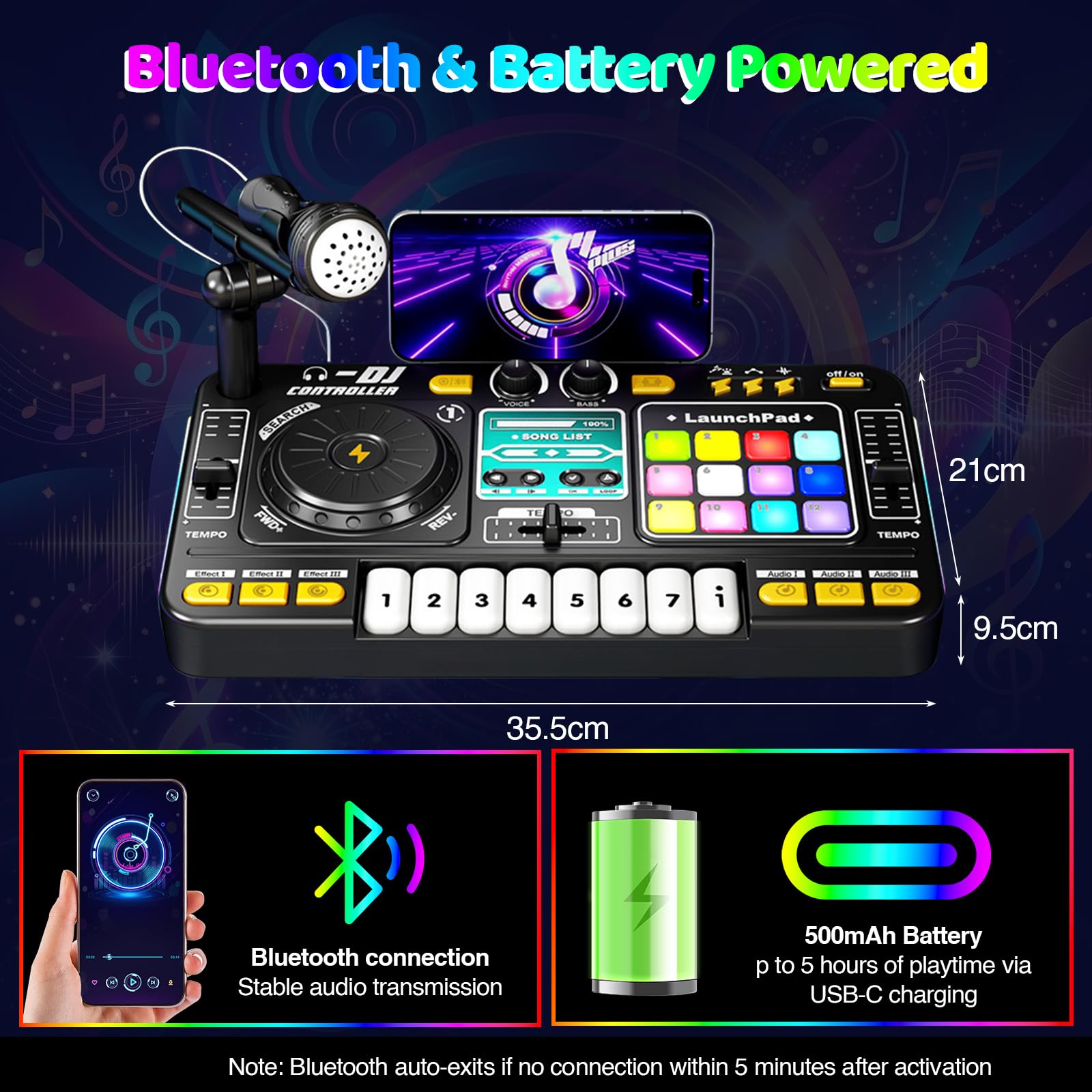 Tavolo DJ per bambini, mixer multifunzione DJ con microfono, 100+ effetti sonori, batteria, giocattolo educativo interattivo con effetti luminosi, per bambini dai 3 ai 12 anni e principianti