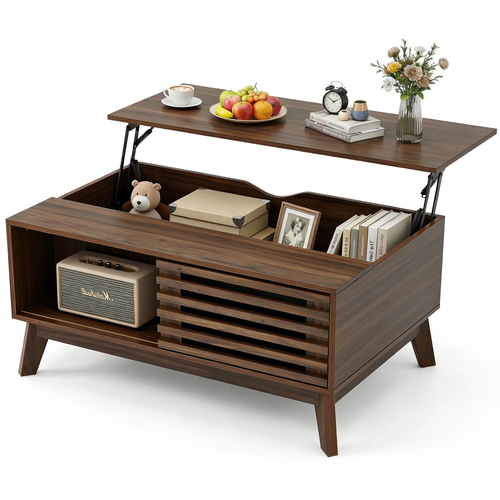 Lift Top Coffee Table with Storage 35 4 Mid Century Modern Wood Rising Center Tables with Slatted Sliding