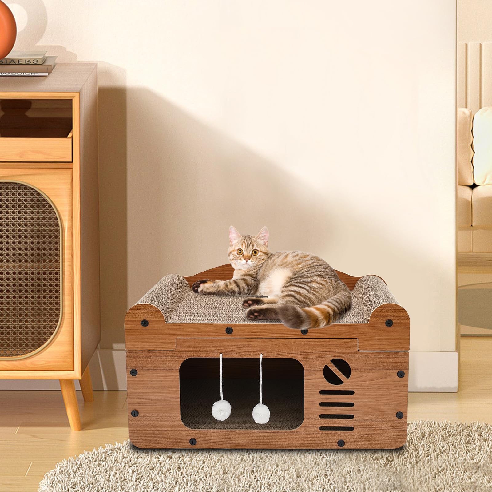 Cuccia per gatti, pieghevole, con palline, in cartone ondulato, per animali domestici di piccole dimensioni, per il riposo interno, per giocare (marrone, porta singola)