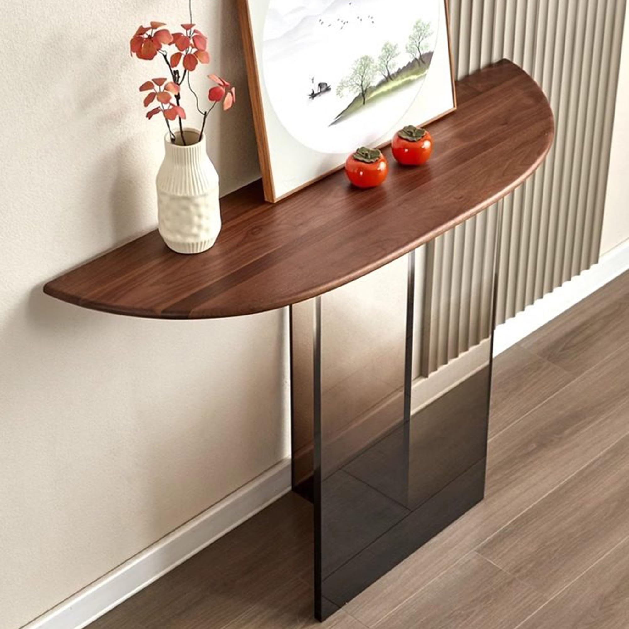 Tavolo da ingresso moderno, console stretta con gambe in acrilico e piano in legno massello, elegante mensola accento per soggiorno, corridoio, atrio, marrone, 80 cm