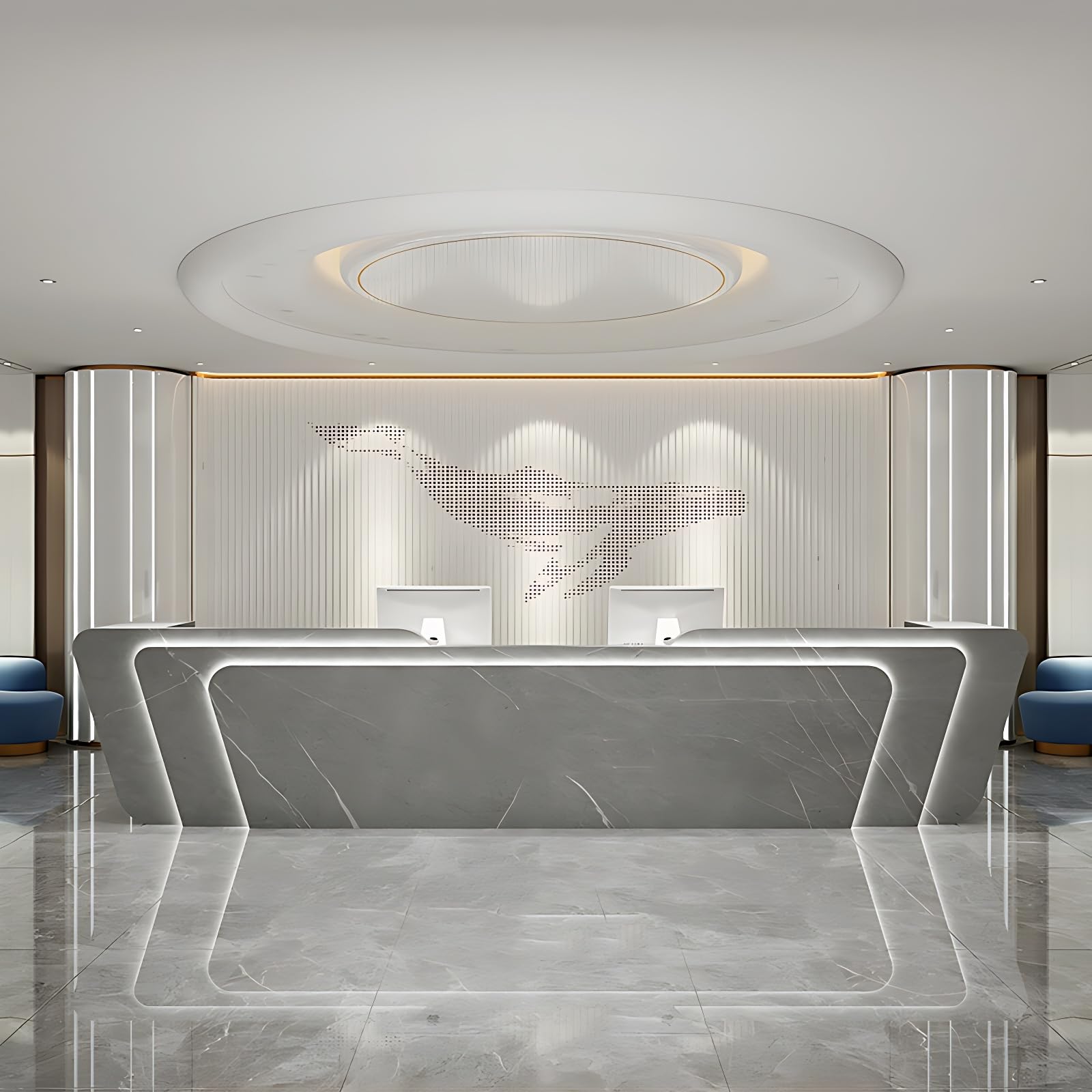 Reception Desk - Stylish Front Desk, Checkout Counter, Retail Counter with Hidden Light Feature, Customizable Logo, No Assembly Required, Designed for Immediate Use (Gray A, 68")