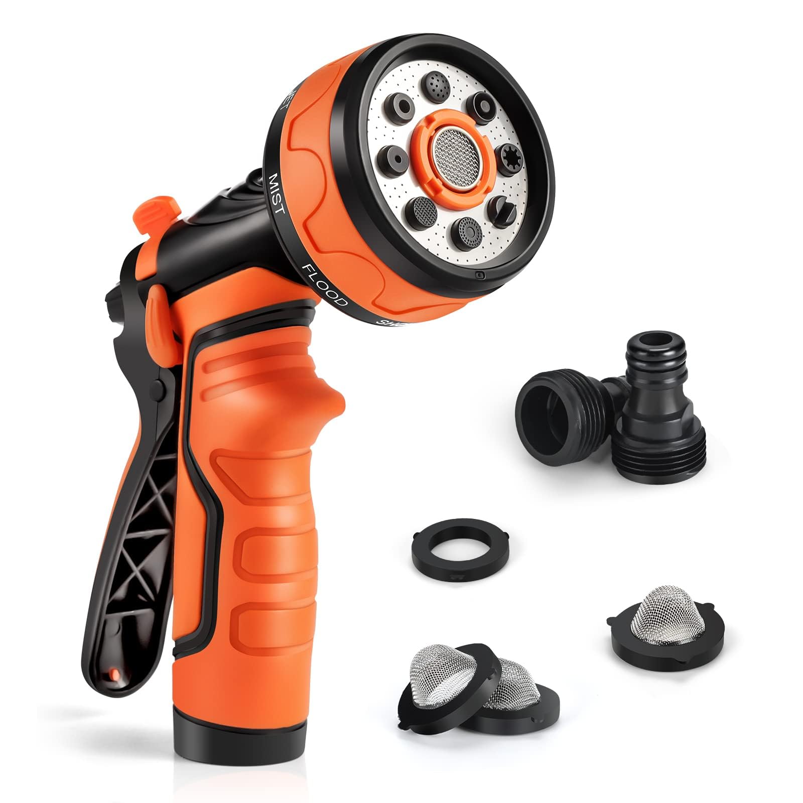 Acte Orange Hose Pipe Spray Gun, 8 Patterns Anti-Leak Garden Hose Spray Gun, High Pressure Anti-Slip Hosepipe Nozzle Gun For