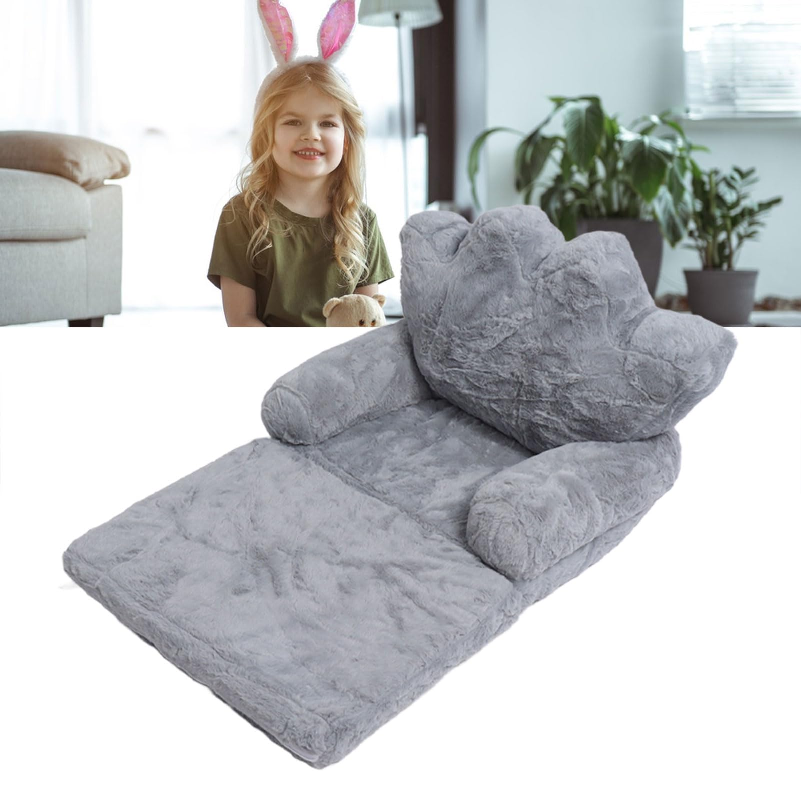 Cojín de Asiento Plegable, Cojín de Silla para Niña, Princesa, sofá Infantil Pequeño con Respaldo en Piel de Conejo Gris (2 Niveles)