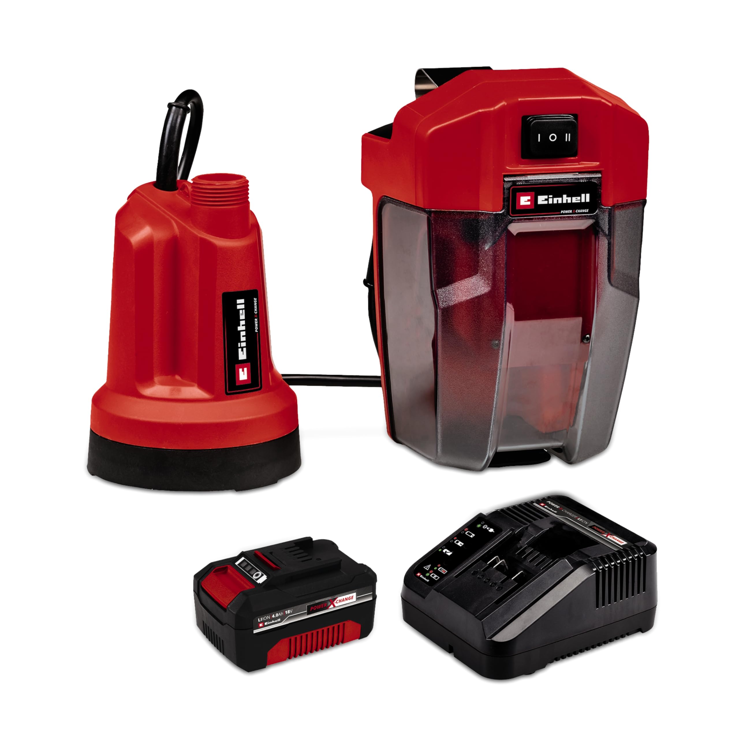 Einhell Akku-Klarwasserpumpe GE-SP 18 LL Li (1x4,0Ah) Power X-Change (Li-Ion, 18 V, max. 4500 L/h, flexible Batteriebox, Dauerlauffunktion, inkl. 4,0 Ah Akku & Schnellladegerät) Rot/Schwarz