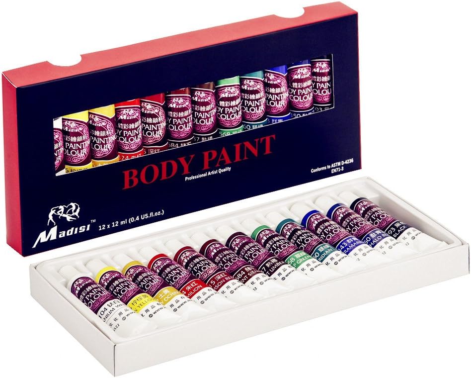 Madisi Body Paint Set - 12 Vivid Colors, 12 ML Tubes