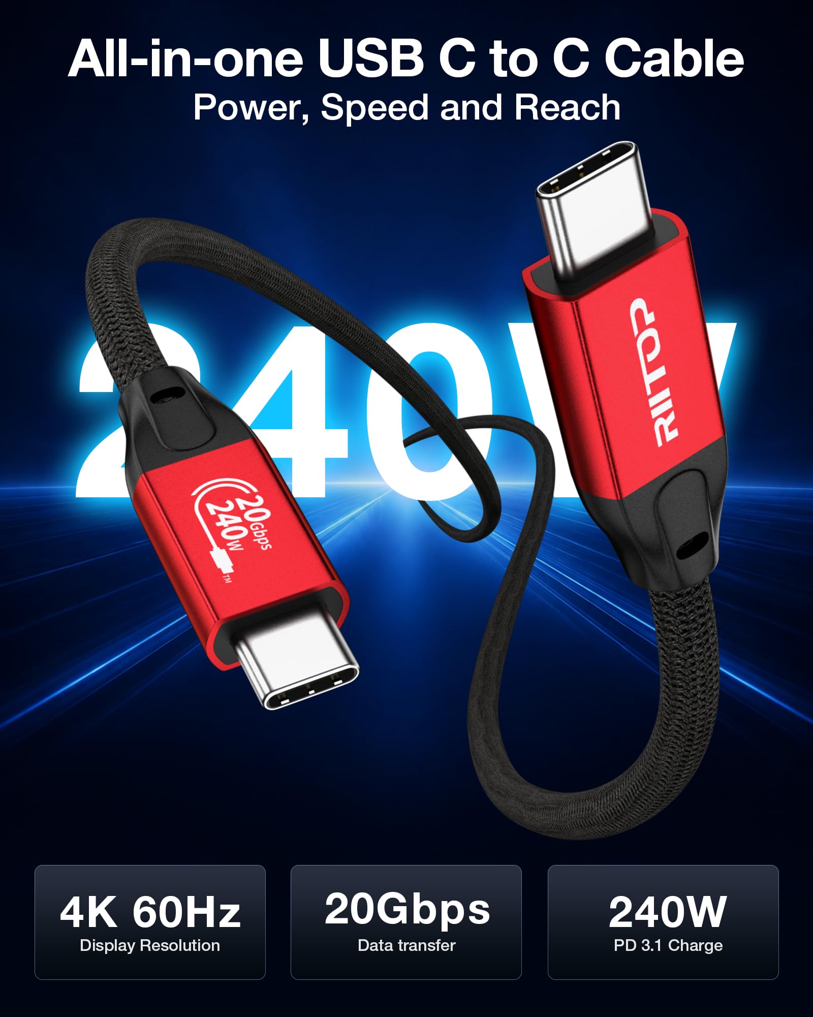 RIITOP Cable largo USB C a C de 20 Gbps de 16.4 pies, USB 3.2 Gen 2x2 Cable