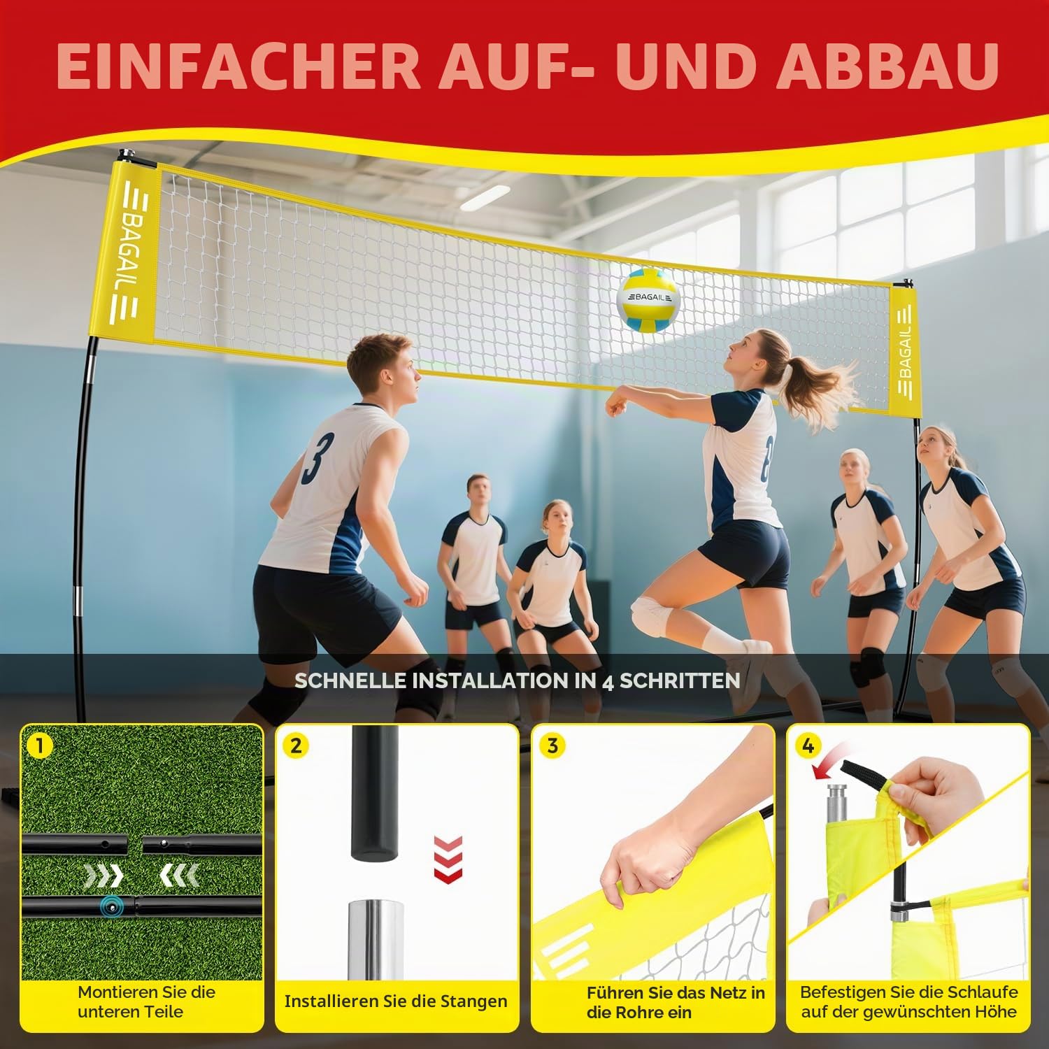 BAGAIL Volleyballnetz, 3.6m/6.1m Volleyballnetz für den Garten - Verstellbare Höhe, Heavy-Duty-Rahmen, Freistehendes Design - Tragbares Outdoor/Indoor-Volleyball-Set mit Tragetasche