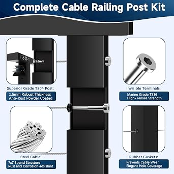 One-Stop Cable Railing Post Kit, 3Pack Level Drilled Line Post 36, Fixed Top Cable Railing System Including 3 Railing Post, 125ft Cable, 10 Sets Terminal, 60 Cable Grommets (No Handrail)