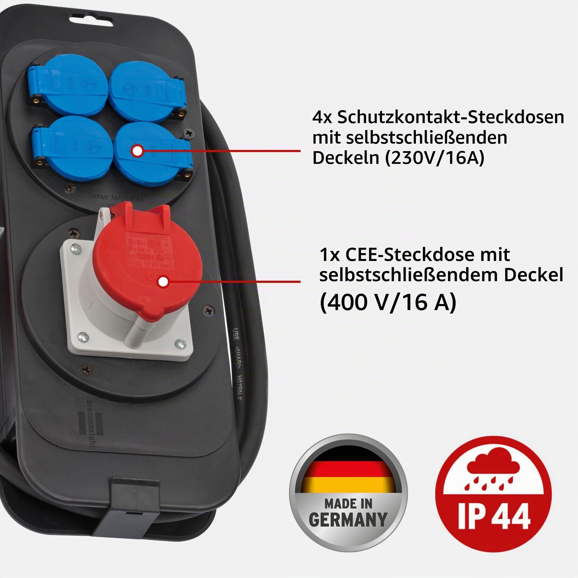 Brennenstuhl Stromstation CEE1 IP44 Stecker 400V/16A Steckdosen 1x CEE 400V/16A+4X 230V/16A, französisches Stecksystem