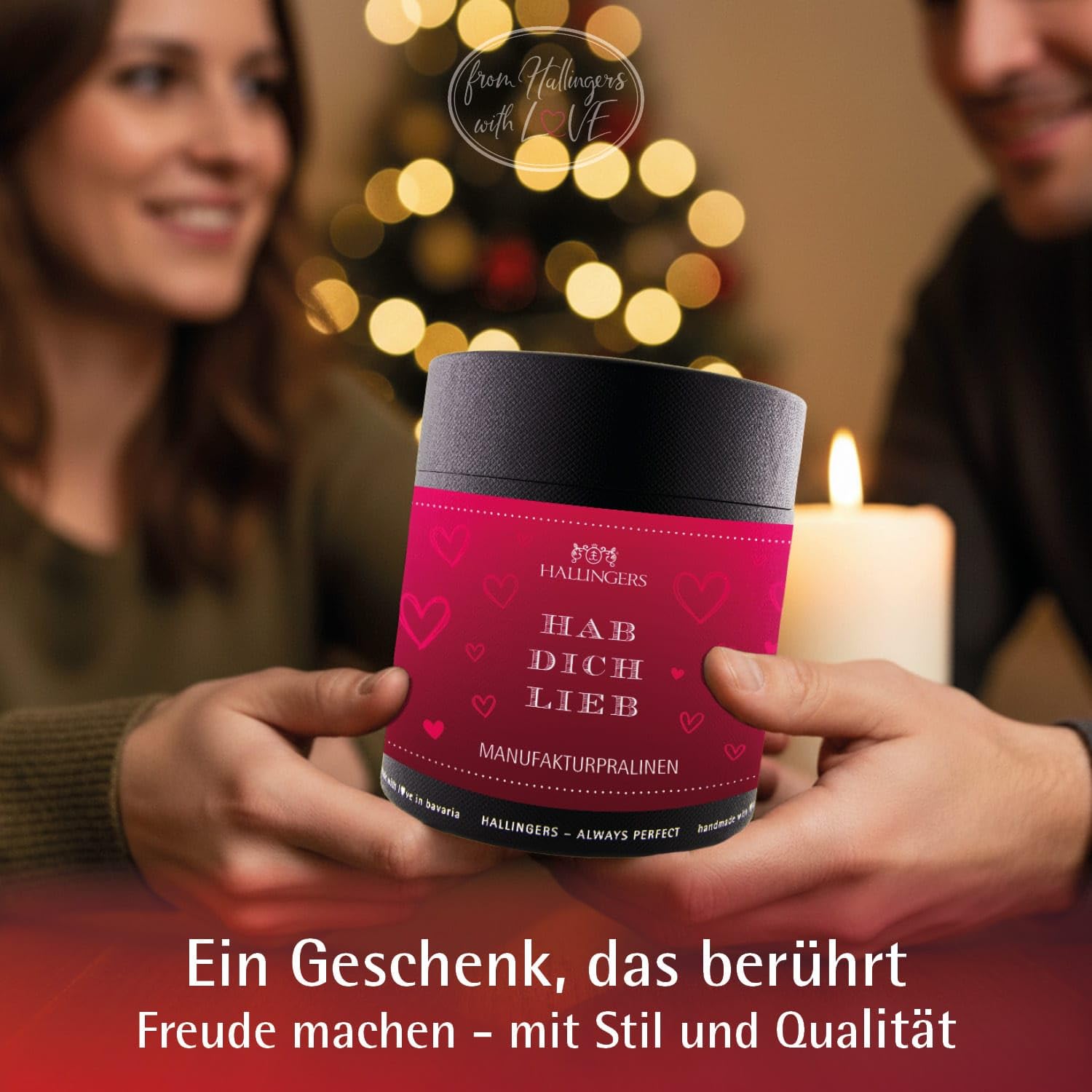 Hallingers Genuss Manufaktur Pralinen Valentinstagsgeschenk - ohne Alkohol, handmade aus Confiserie-Edelkakao in wertiger XXL-Geschenkdose "Hab Dich lieb", Valentintstag für Frauen Männer