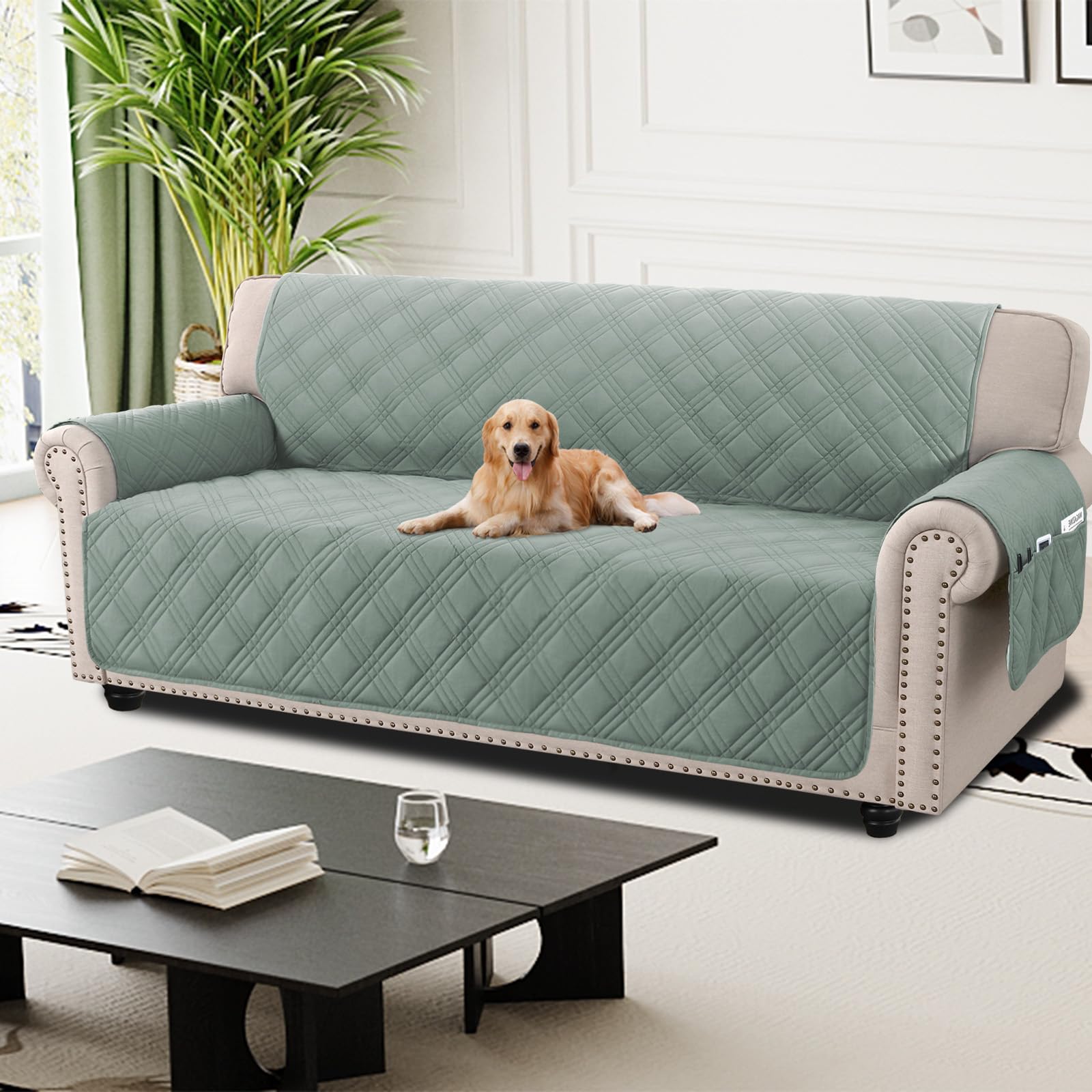 H.Versailtex Quilted Sofa Covers 4 Seater, 100% Waterproof Sofa Slipcovers with Pockets, Extra Large Couch Covers for Dogs Pets, Washable Sofa Protector with Elastic Strap, Lilypad