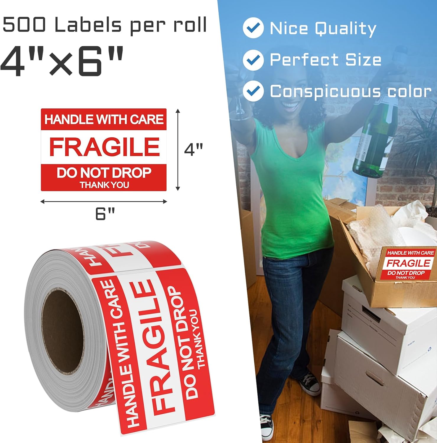 Fragile Stickers, 4”x6” Fragile Shipping Stickers, Handle with Care Fragile Sticker, Adhesive Stickers,Thank You Sticker for Shipping and Moving Box, Warning Labels,500 Labels,2 Roll.