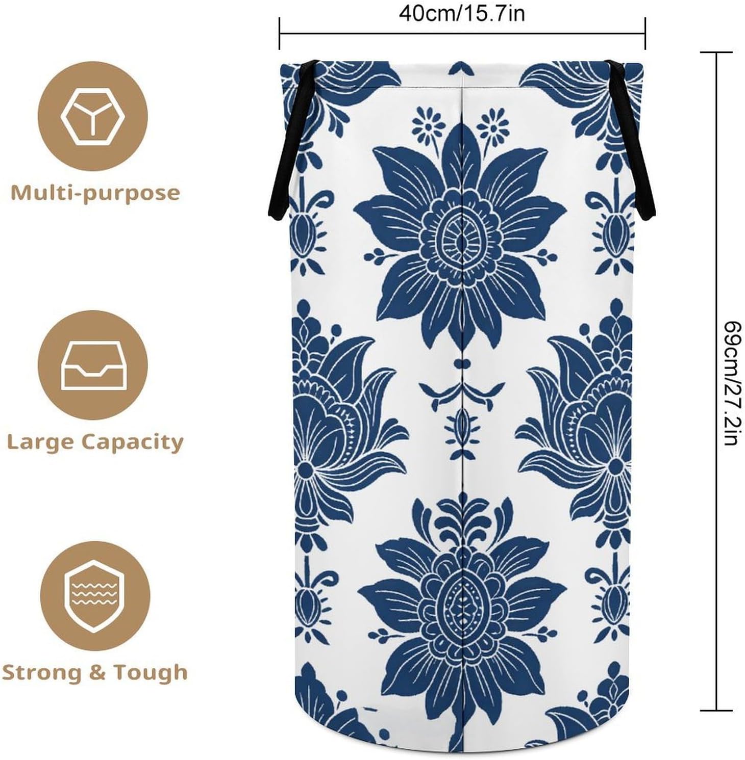 Navy Ethnic Floral Laundry Hamper Portable Lightweight Clothes Hampers Fashion Dirty Laundry Storage Basket Large Capacity Foldable Clothes Baskets for Bathroom Bedroom