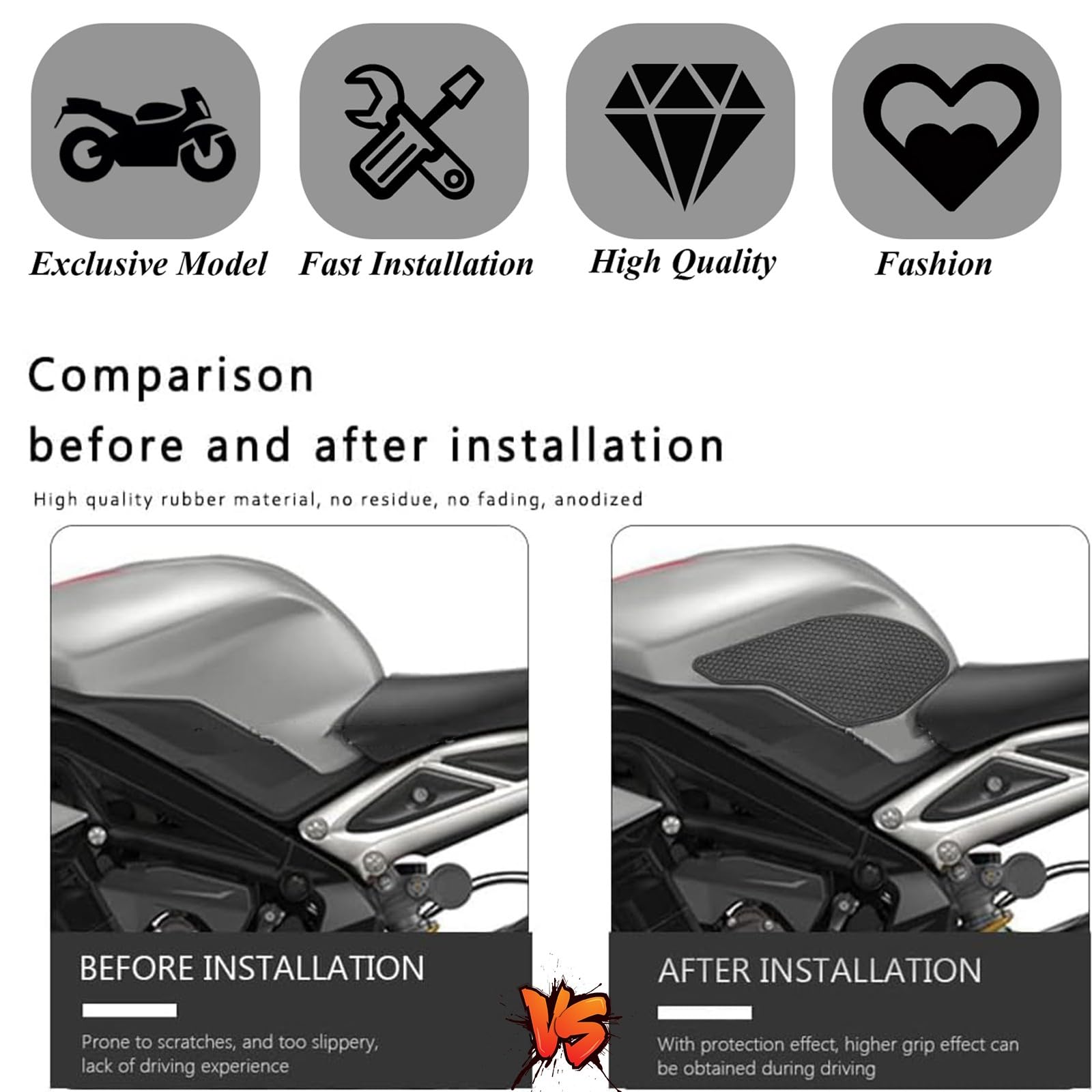 Lot de 3 Autocollants antidérapants pour réservoir de Carburant de Moto, Protection latérale pour genouillère à gaz Compatible avec Triumph Daytona 675/R Street Triple 765 R/RS