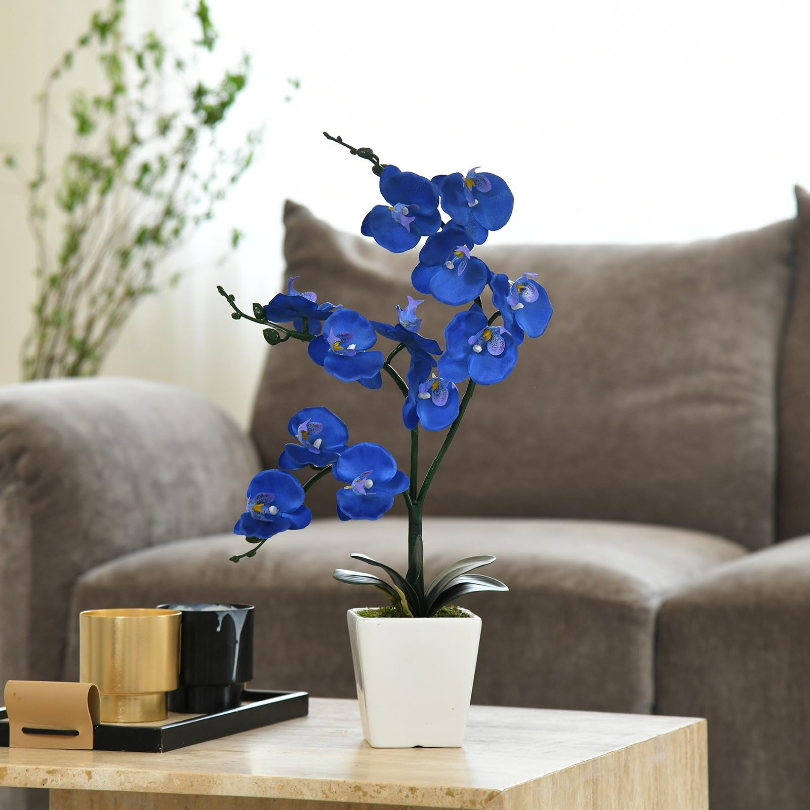 Orquídea Artificial de Seda Phalaenopsis de 15 Pulgadas de Alto (Azul Marino)
