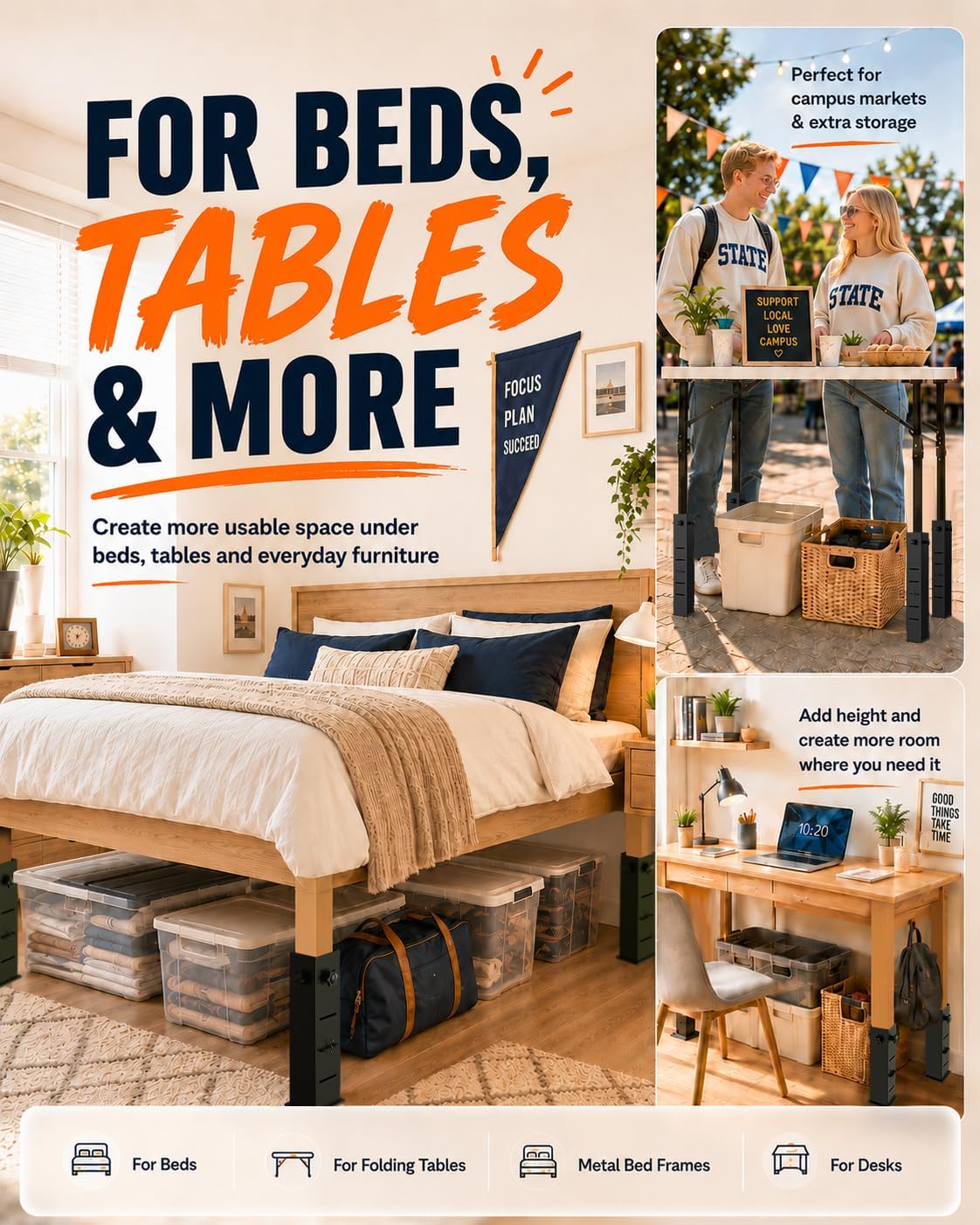 Metal Bed Risers for Dorm, 3-Level Adjustable Bed Risers Heavy Duty | Extra Tall Dorm Bed Extenders Rise 2" 4" 6" for Twin XL Bed, Fits Legs Up to 3'' Wide, Thickened Steel Widened Base