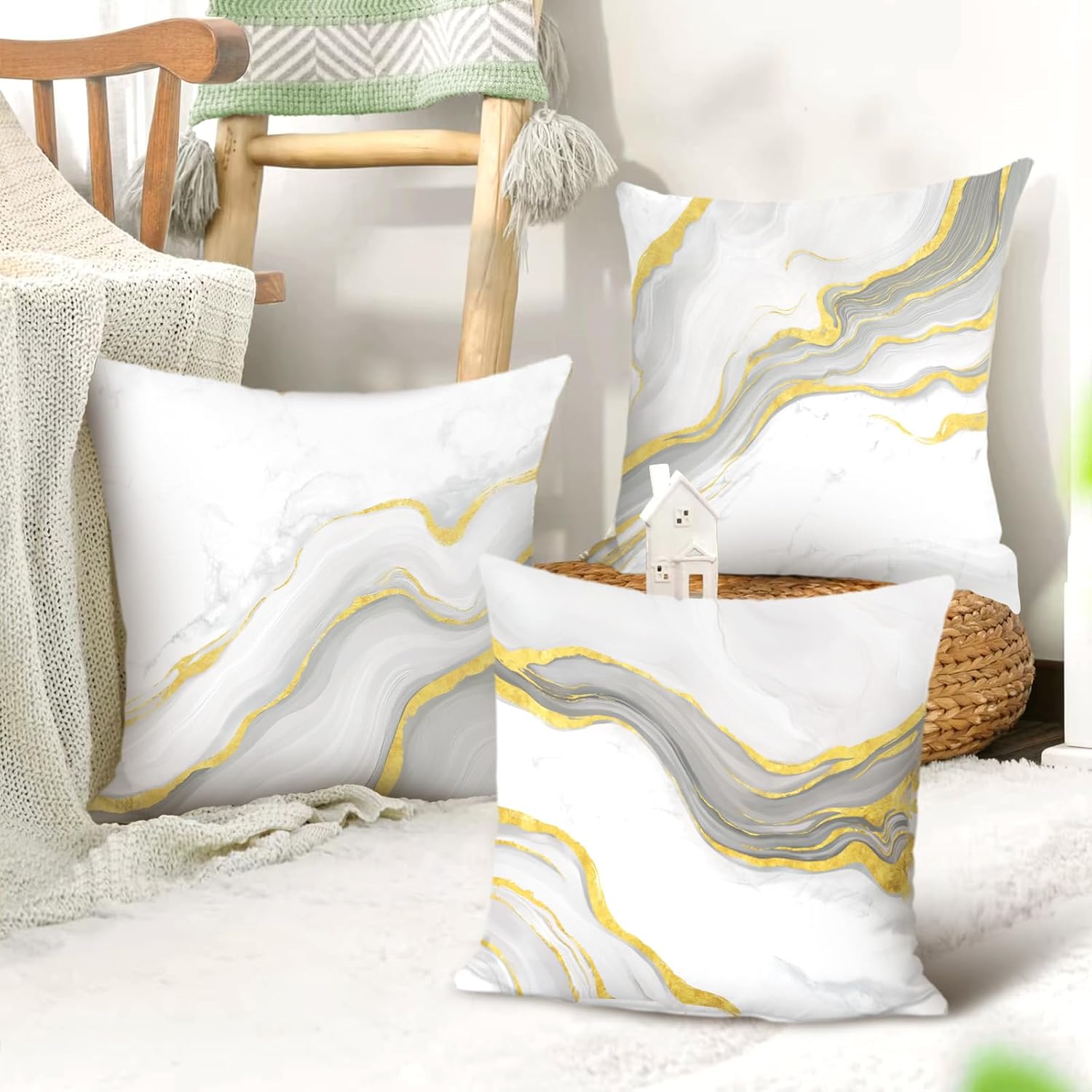 Beige Grey Gold Marble Throw Pillow Covers 18x18 Inch Set of 4 Modern Abstract Wave Cushion Covers Home Decor for Couch Cushion Cases - Image 3