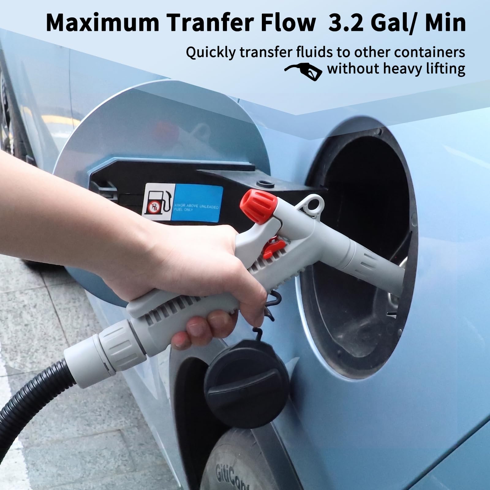 Pompe de transfert de carburant (3,2 GPM) avec buse manuelle pour contrôle du débit à arrêt rapide, tuyau de 129,5 cm, pompe à gaz automatique avec 4 raccords de bidon de gaz, pompe à siphon portable