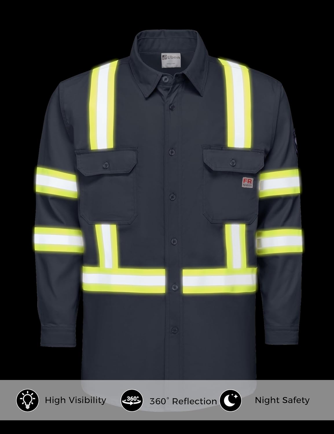 Ubon FR Shirts for Men High Visibility Welding Shirt 100% Cotton Button Down Long Sleeve Safety Workwear 6.5 oz