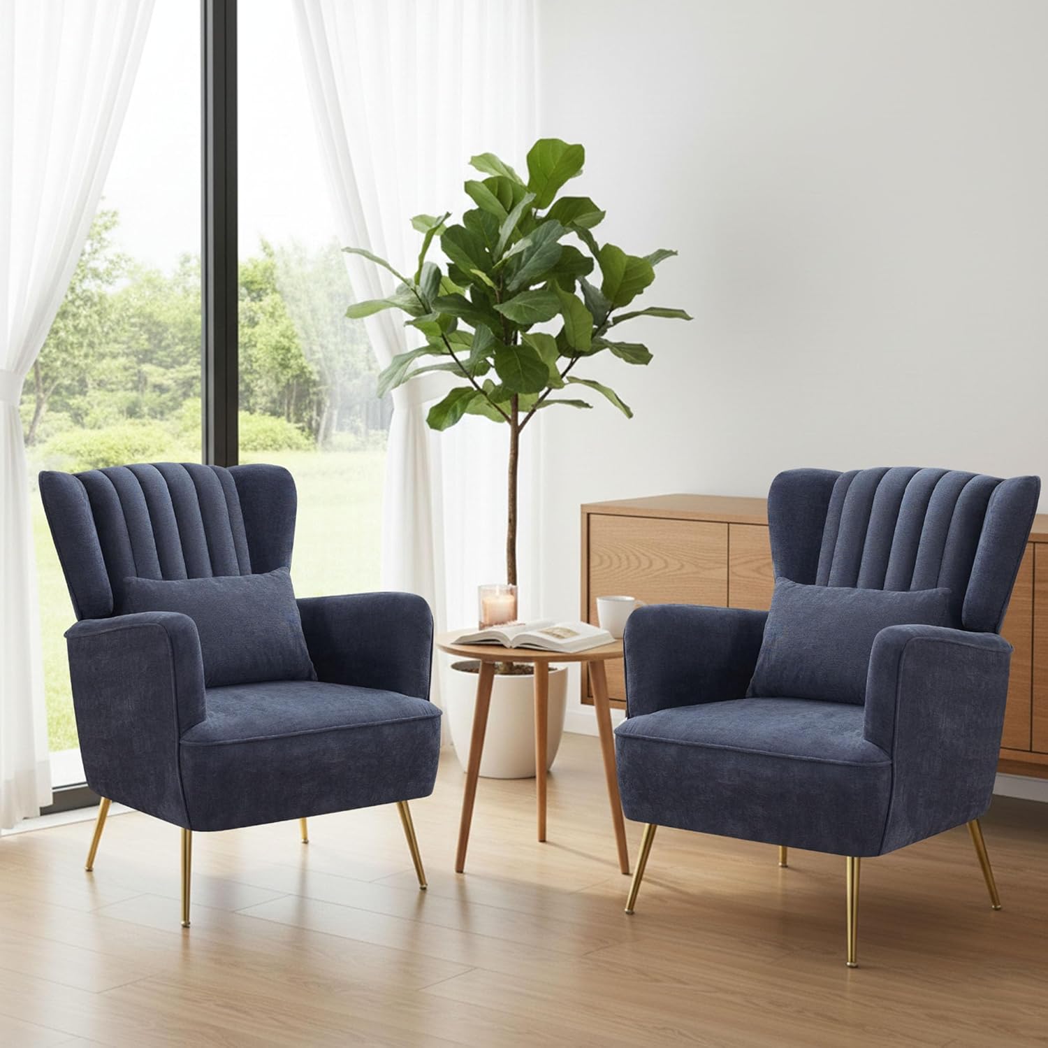 Chenille Accent Chair with Lumbar Pillow, Modern Wingback Chair for living room with Gold Metal Legs, Upholstered Arm Chair with Thick Cushion, Reading Chairs for bedroom, Comfy Sofa Chair, Blue