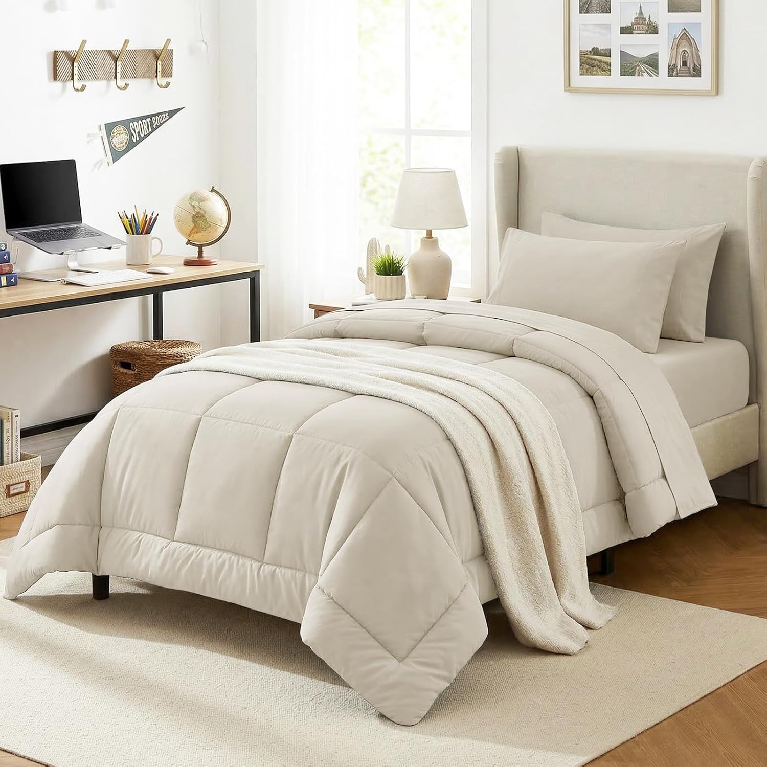 CozyLux Twin Comforter Set with Sheets Beige, 5 Pieces Bed in a Bag, Beige Comforter Twin Size, All Season Bedding Set with Stitch Quilted Comforter, Flat Sheet, Fitted Sheet, Pillowcases
