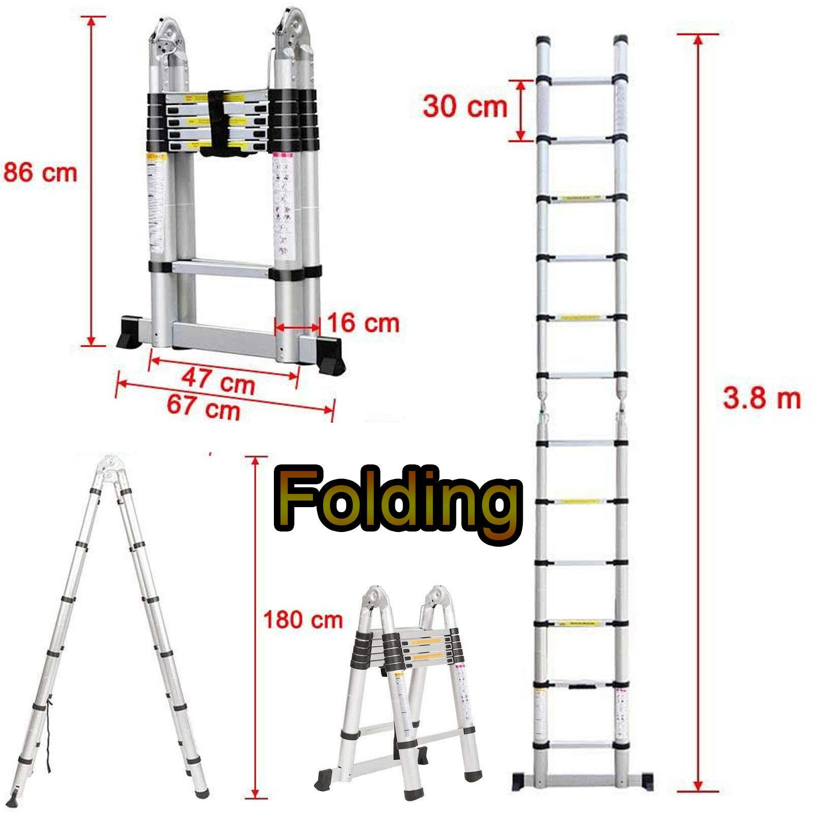 Wytrzymała aluminiowa teleskopowa składana drabina typu loft, rama 3,8 m / 1,9 m + 1,9 m, 12-stopniowe, wysuwane przedłużenie, wielofunkcyjne, aluminiowe drabiny - pojemność 150 kg