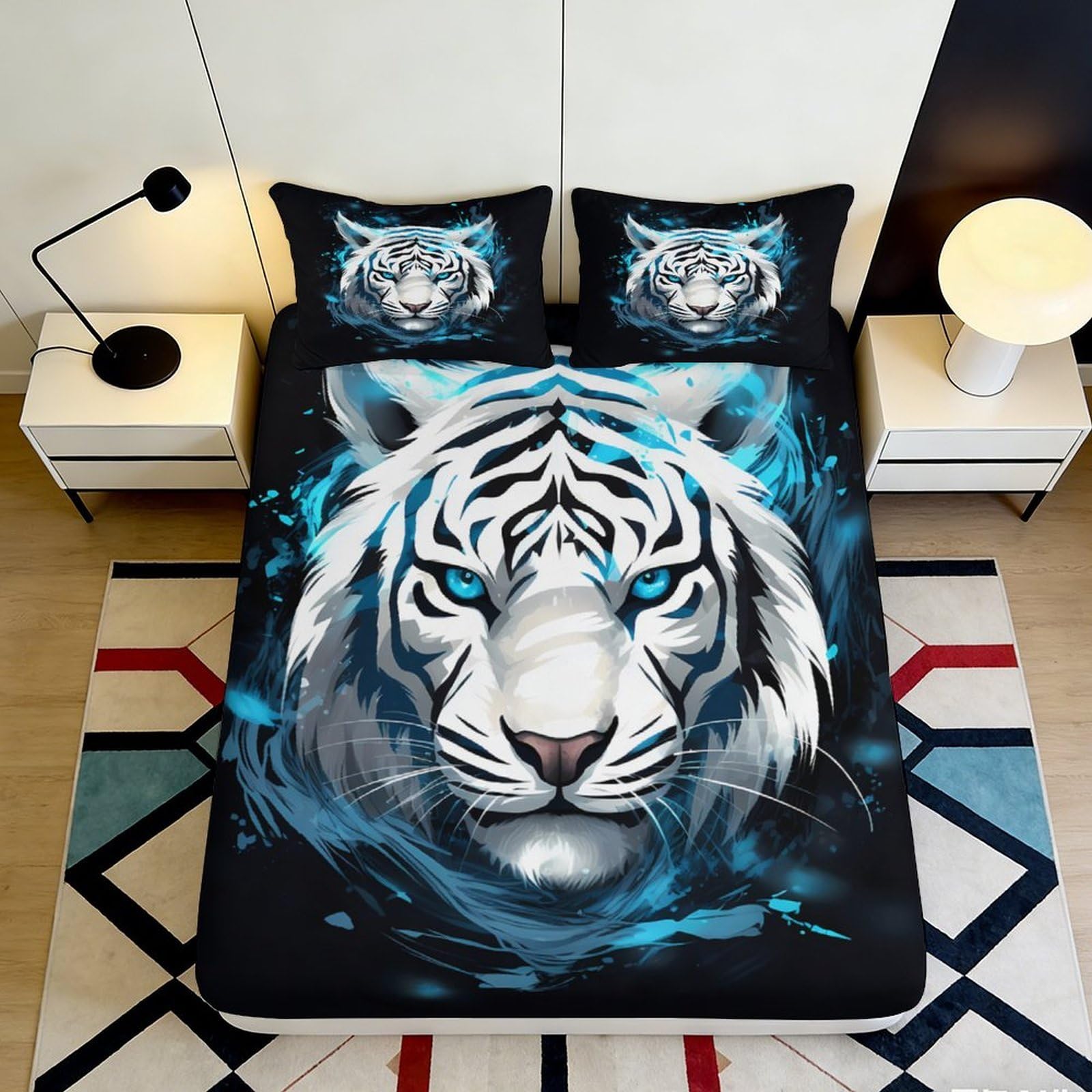 3D Printed White Tiger Fitted Sheet Microfiber Soft Breathable Blue Eyes Bed Cover for Bedroom Dorm Mattress Decor 90x200x25cm
