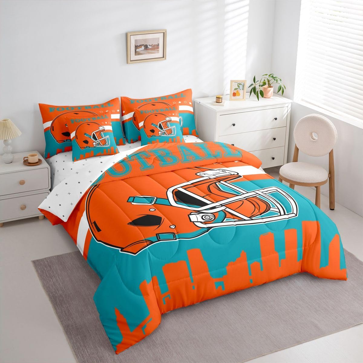 Boys Queen Bedding Set,Football City 7 Pcs Comforter Set for Football Fans Lovers Bed In A Bag With Flat and Fitted Sheet for Kids and Adults,Sports Ruby Bed Set With Sheets Orange and Teal