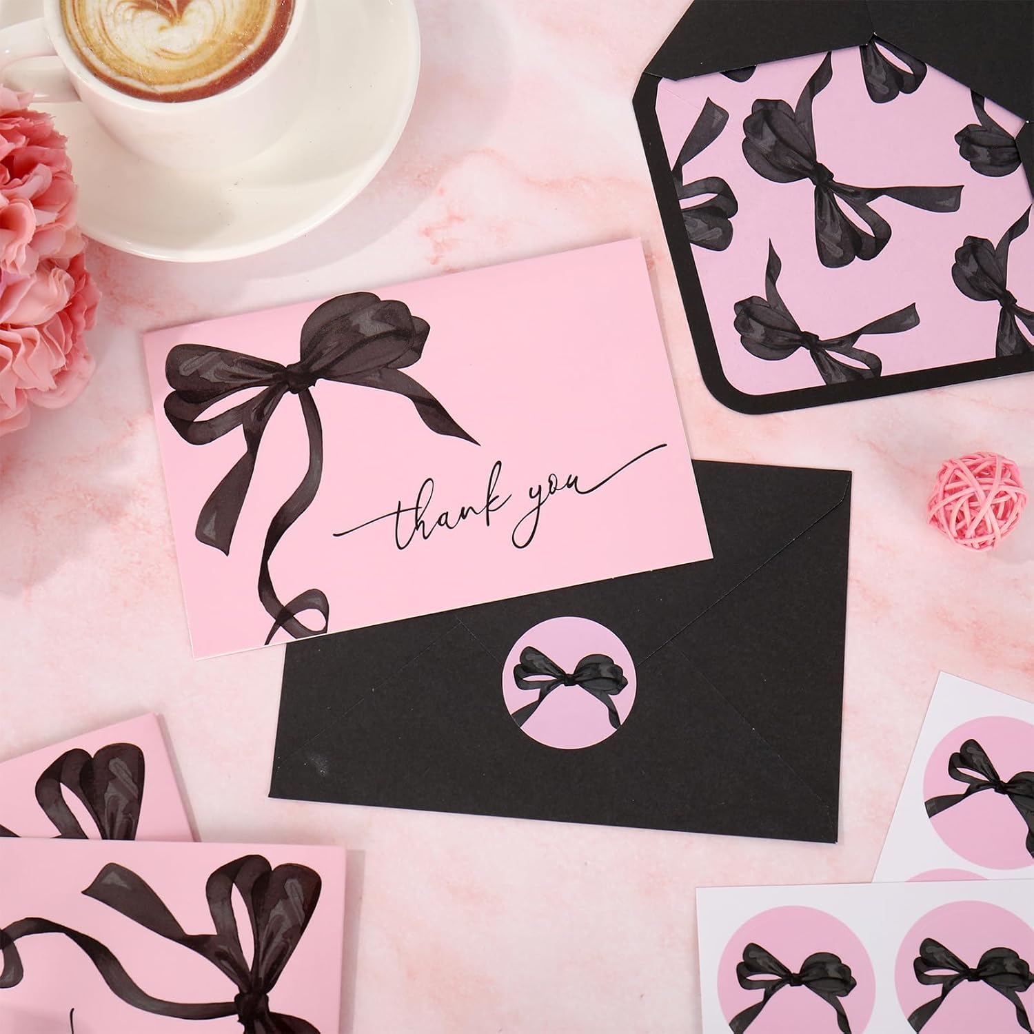 Whaline 24Pcs Thank You Cards Greeting Cards with Envelopes Stickers Black Bow Watercolor Pink Black Bowknot Coquette Blank Note Card for Halloween Party Supplies - Image 3
