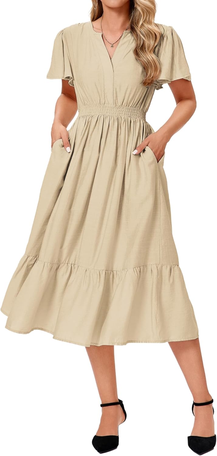 Women's Flutter Ruffle Sleeve V Neck A-Line High Elastic Wasit Flowy Midi Tiered Dress Casual Vacation Boho Beach Ankle Length Tunic Dresses with Pockets 2025 009 Small Beige S
