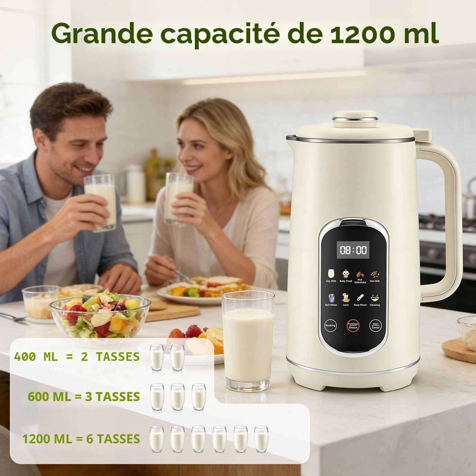 Machine à lait de soja, 1200 ml, automatique, avec 12 lames, affichage LED, fonction de maintien au chaud pendant 8 heures et auto-nettoyage pour lait végétal, soja, lait d'amande, avoine